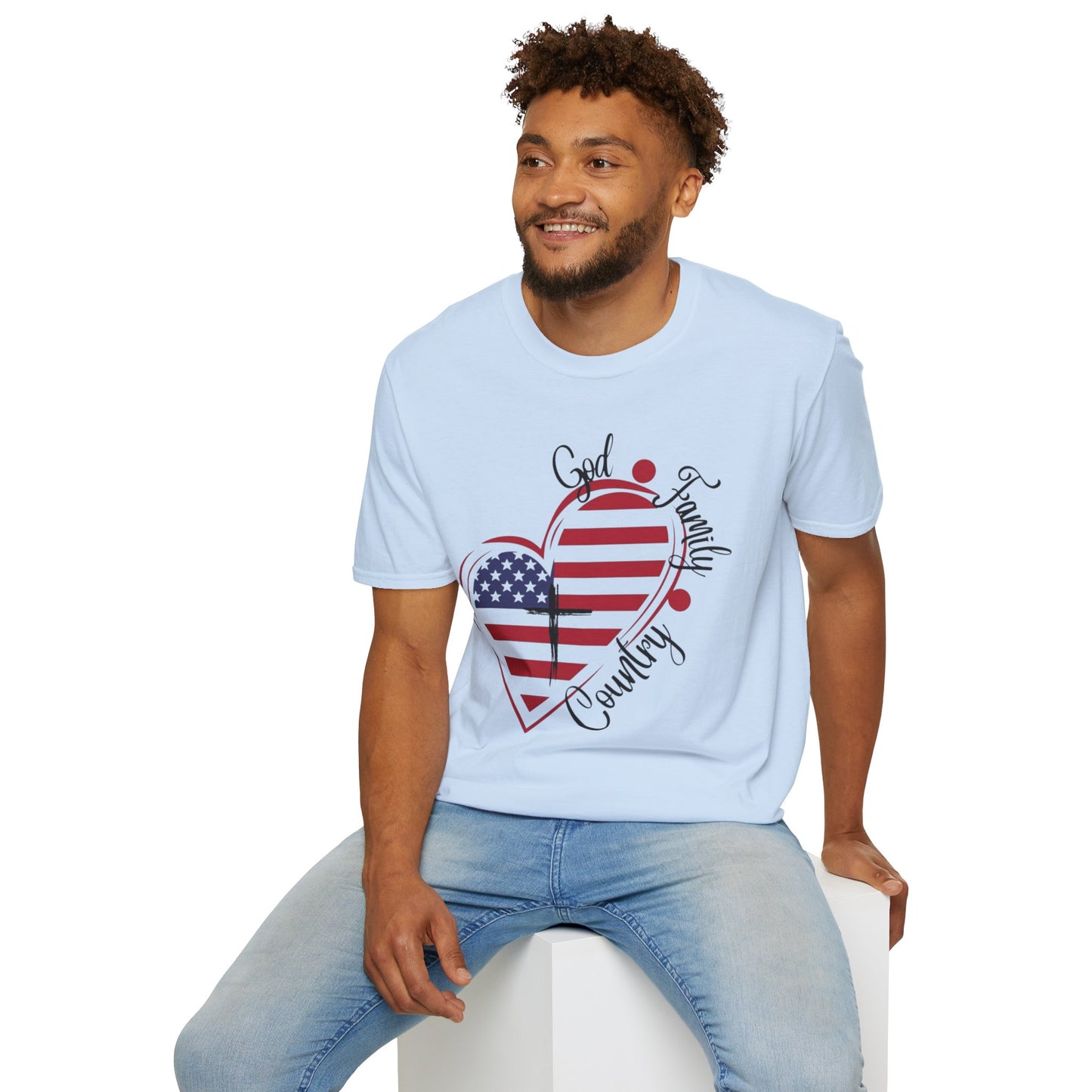 Patriotic Heart T-Shirt — "God Family Country" USA Flag Graphic