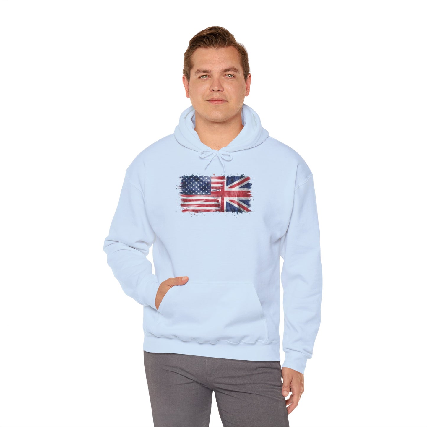 Patriotic Hooded Sweatshirt | Unisex Heavy Blend™ | USA & UK Flag Design | Cozy Gift for Holidays, Reunions, or Casual Wear