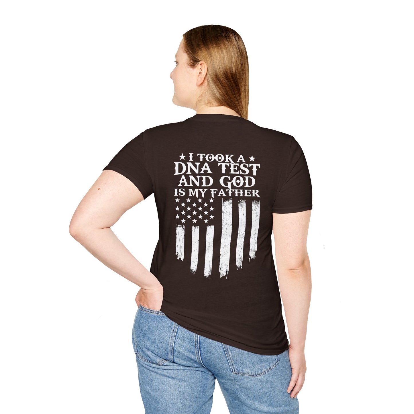 Patriotic DNA Test T-Shirt - Unisex Softstyle - I took a DNA test and GOD is my father