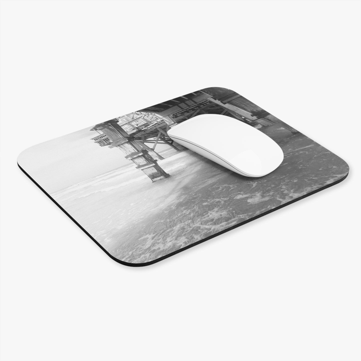 Rectangle Serene Beach Pier Mouse Pad, Coastal Home Office Decor, Gift for Work From Home, Beach Lover's Accessory, Modern Office Supply, Black and White