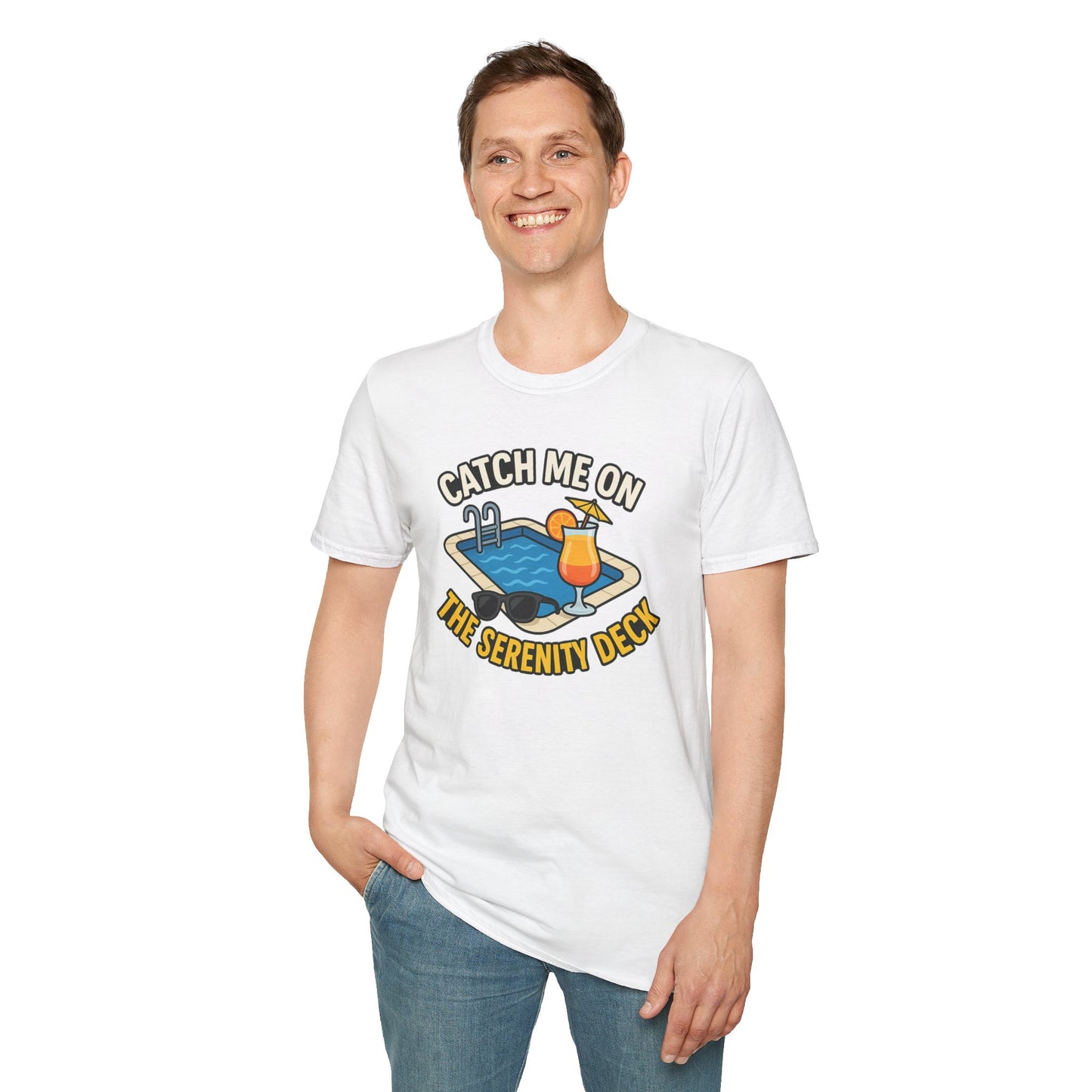 Catch Me on the Serenity Deck Unisex Softstyle T-Shirt, Relaxation Tee, Vacation T-Shirt, Beachwear, Gift for Travel Lovers