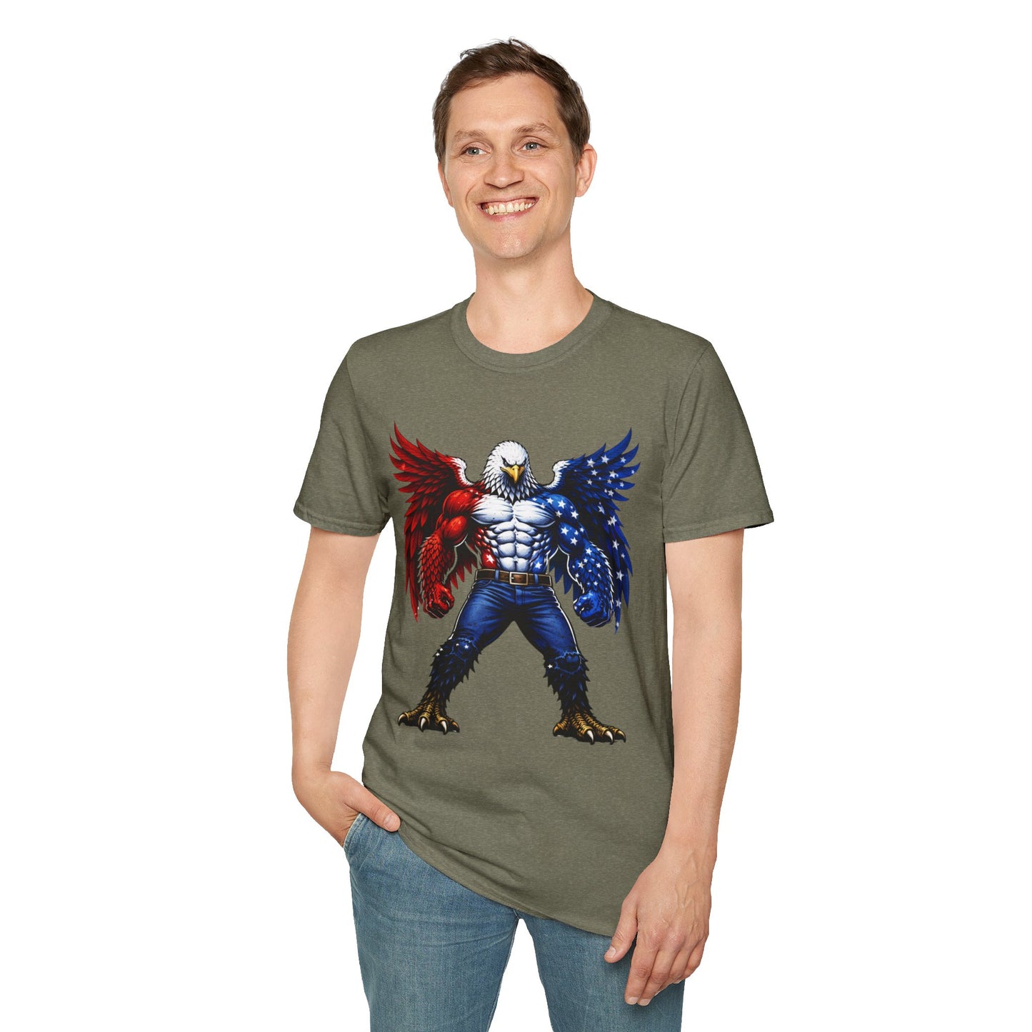 Birdmanzilla Patriotic Muscular Eagle T-Shirt | Red White Blue Winged Eagle Graphic