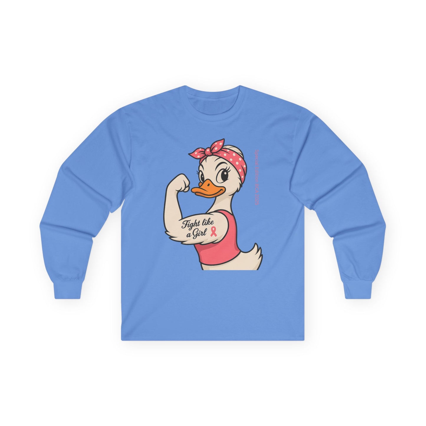 Breast Cancer Awareness Fight Like a Girl Duck Long Sleeve Tee - Unisex Crewneck, Roxie the Riveter Empowerment, Gift for him and her