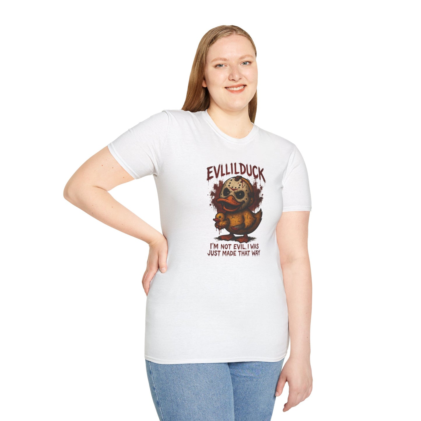 EVLLILDUCK Funny Graphic T-Shirt, Cute Duck Shirt, Unisex Softstyle Tee, Gift for Kids, Funny Quirky T-Shirt, Casual Wear, Halloween Apparel