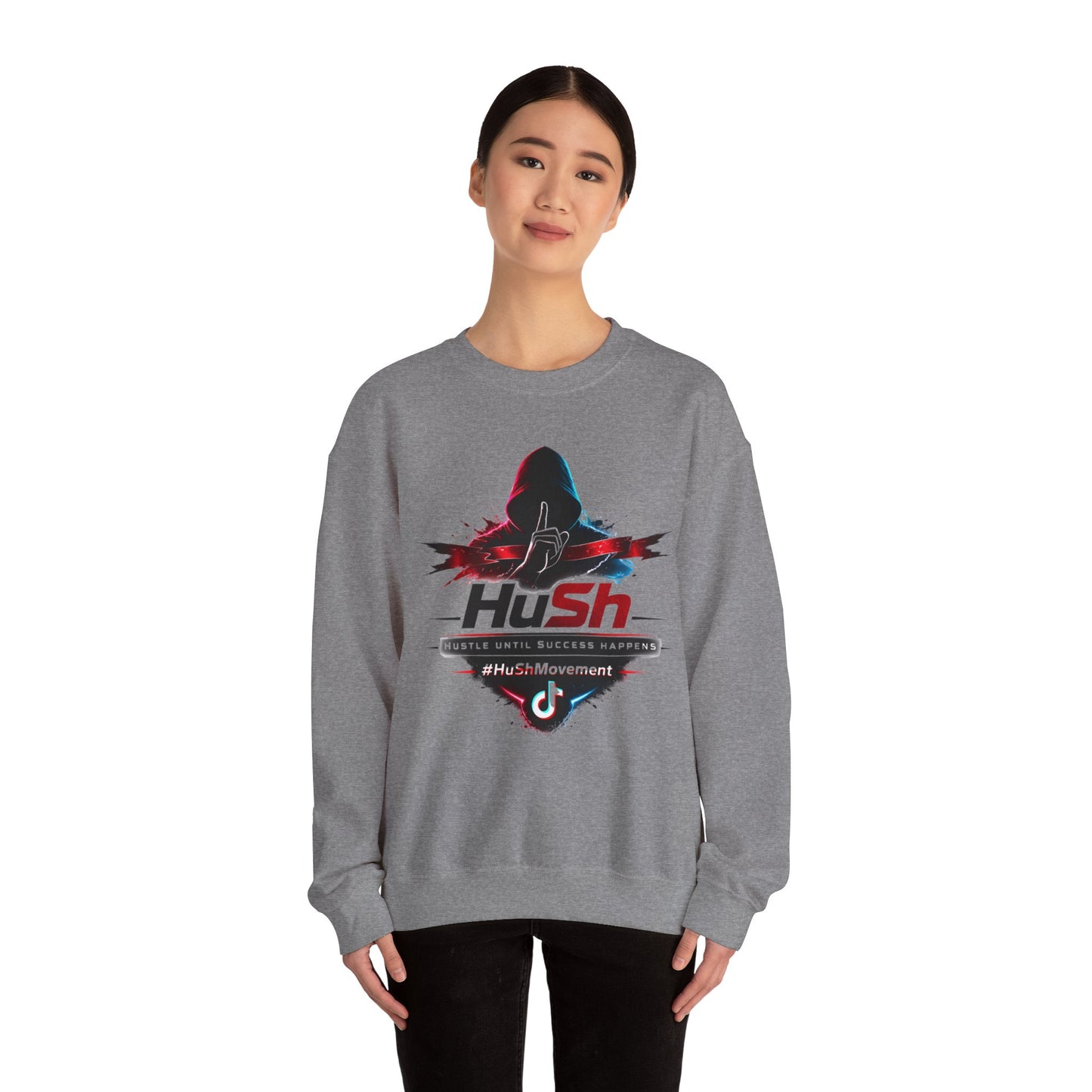#HuSh Unisex Heavy Blend™ Crewneck Sweatshirt  | Hustle Until Success Happens, #HuShMovement TikTok Logo