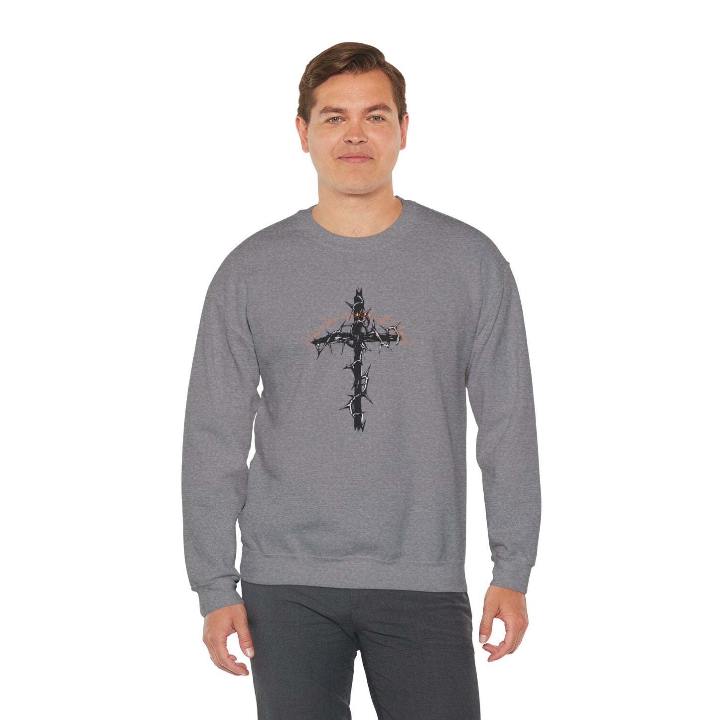 Faith Inspired Crewneck Sweatshirt Barbed Cross Design with Galatians 2:20
