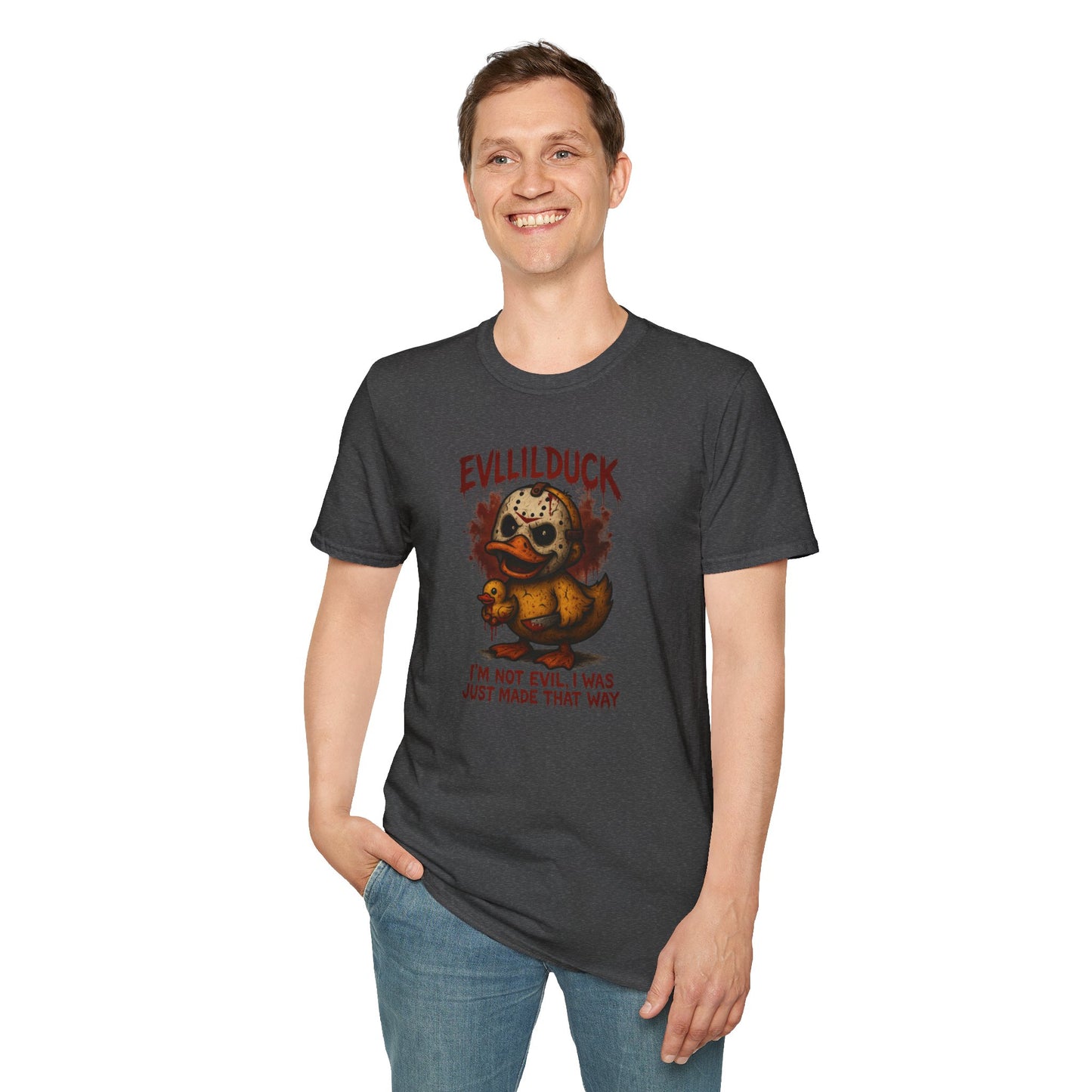 EVLLILDUCK Funny Graphic T-Shirt, Cute Duck Shirt, Unisex Softstyle Tee, Gift for Kids, Funny Quirky T-Shirt, Casual Wear, Halloween Apparel