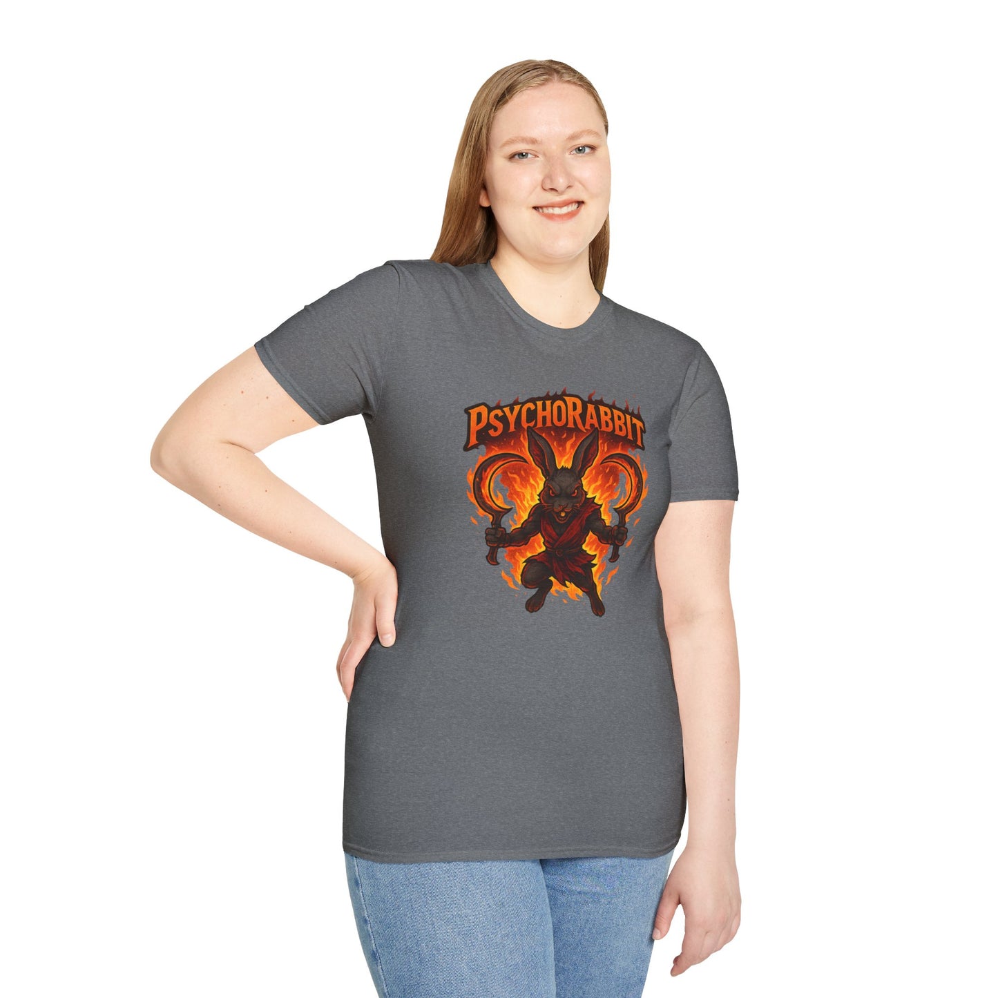 Psychorabbit Graphic Tee | Unisex Softstyle T-Shirt for Anime Fans and Gamers