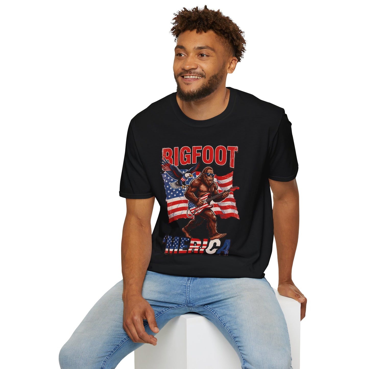 Bigfoot America T-Shirt — Patriotic Bigfoot Playing Guitar Graphic Tee