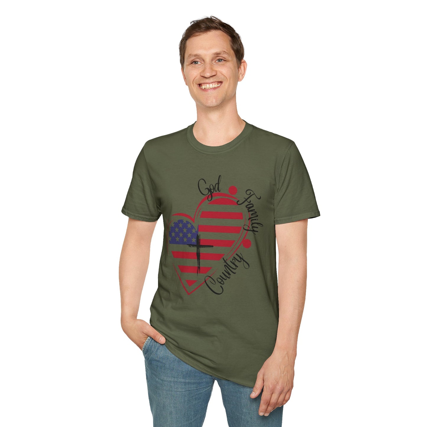 Patriotic Heart T-Shirt — "God Family Country" USA Flag Graphic