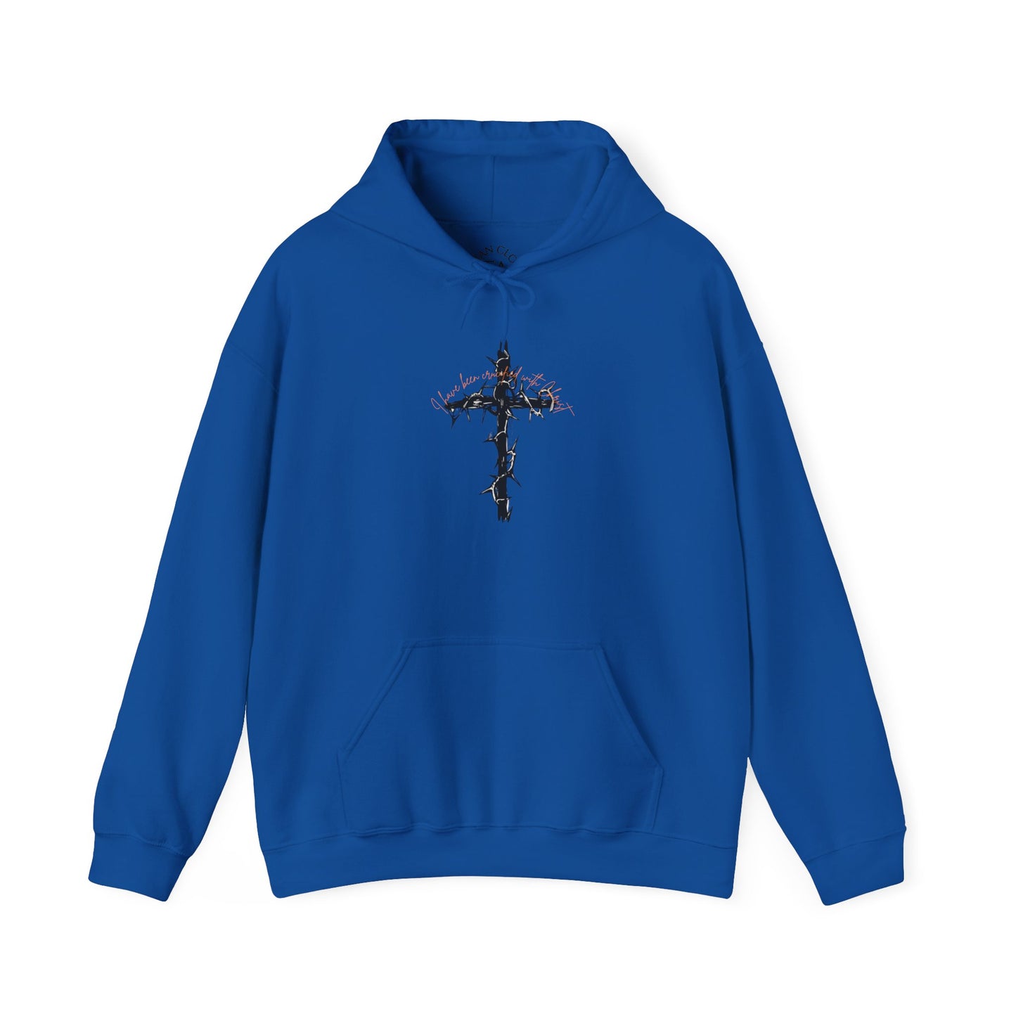 Faith Inspired Christian Cross with Thorns on Front and Galatians 2:20 on back Hooded Sweatshirt