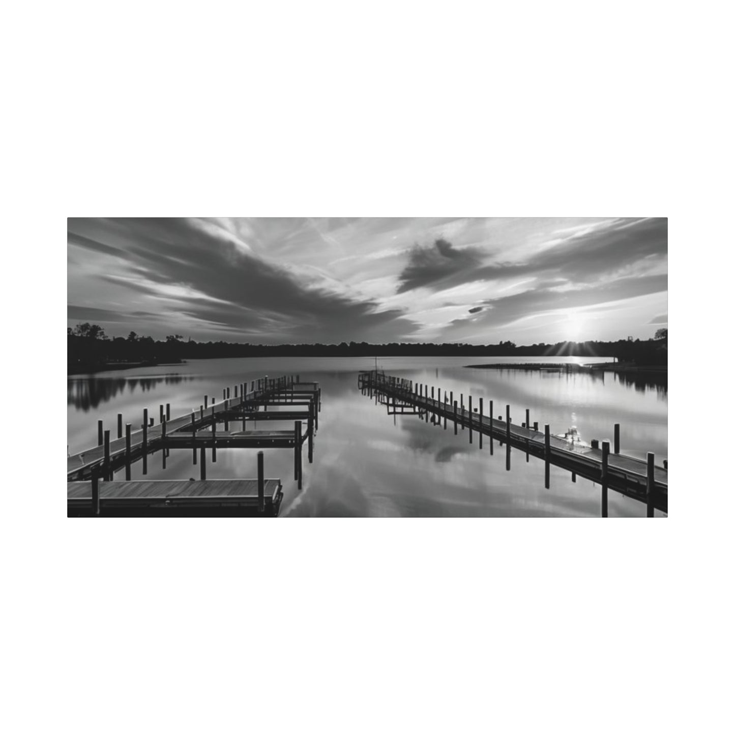 Serene Black and White Landscape Canvas Wall Art. Experience the calming vibe of overlooking the water at the end of the day.