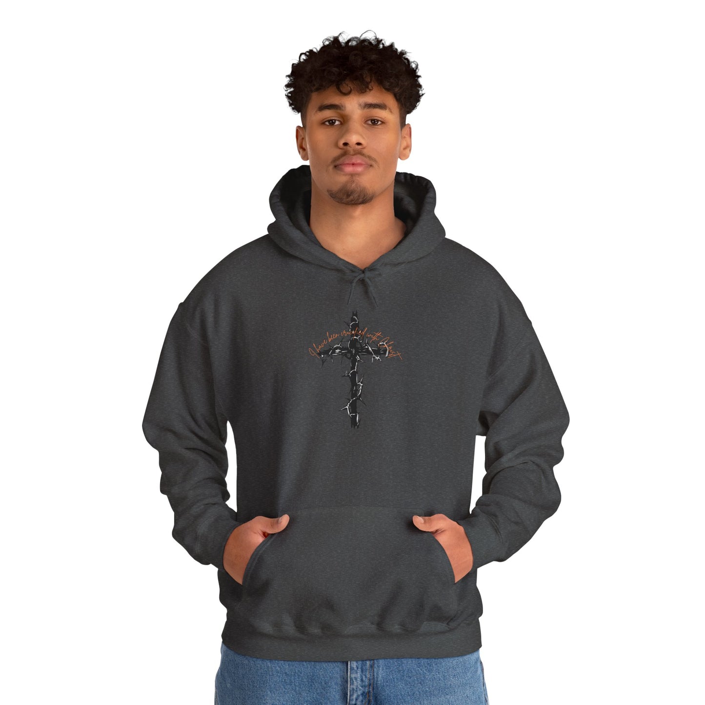 Faith Inspired Christian Cross with Thorns on Front and Galatians 2:20 on back Hooded Sweatshirt