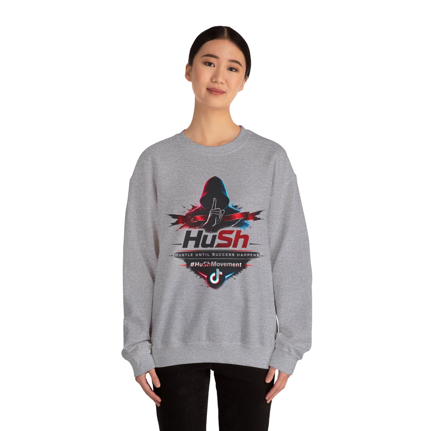 #HuSh Unisex Heavy Blend™ Crewneck Sweatshirt  | Hustle Until Success Happens, #HuShMovement TikTok Logo