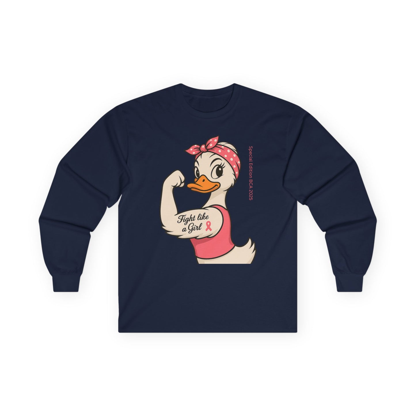 Breast Cancer Awareness Fight Like a Girl Duck Long Sleeve Tee - Unisex Crewneck, Roxie the Riveter Empowerment, Gift for him and her