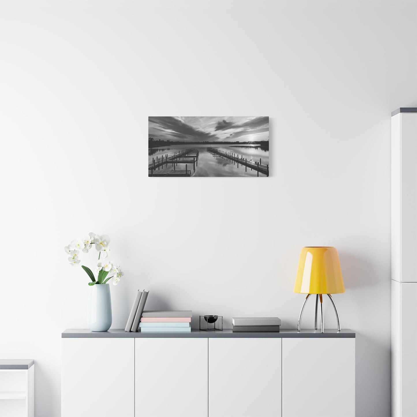 Serene Black and White Landscape Canvas Wall Art. Experience the calming vibe of overlooking the water at the end of the day.