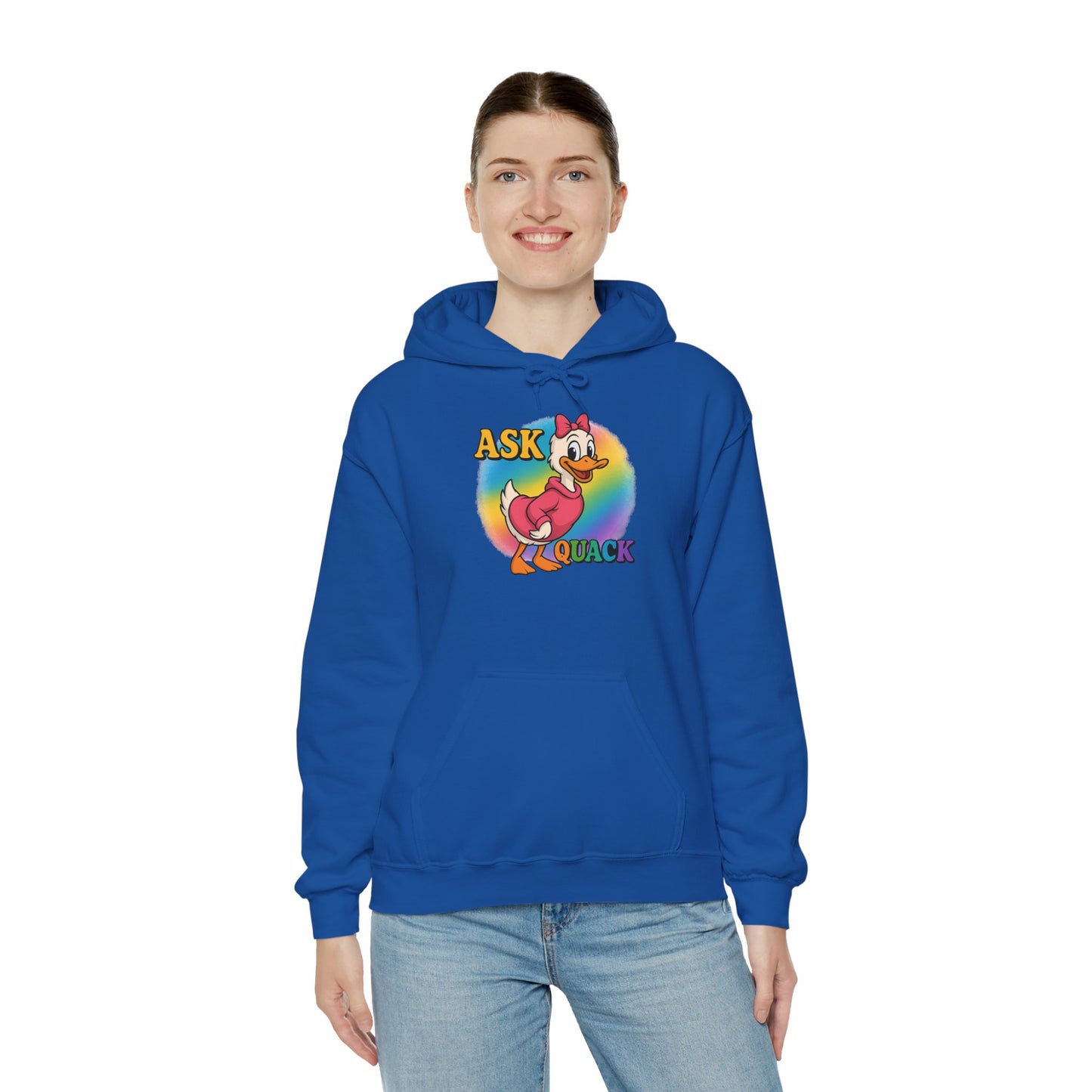Askquack Female Duck Unisex Hoodie, Quirky Duck Design Sweatshirt, Novelty Animal Jumper, Humorous Duck Apparel, Unique Hooded Top