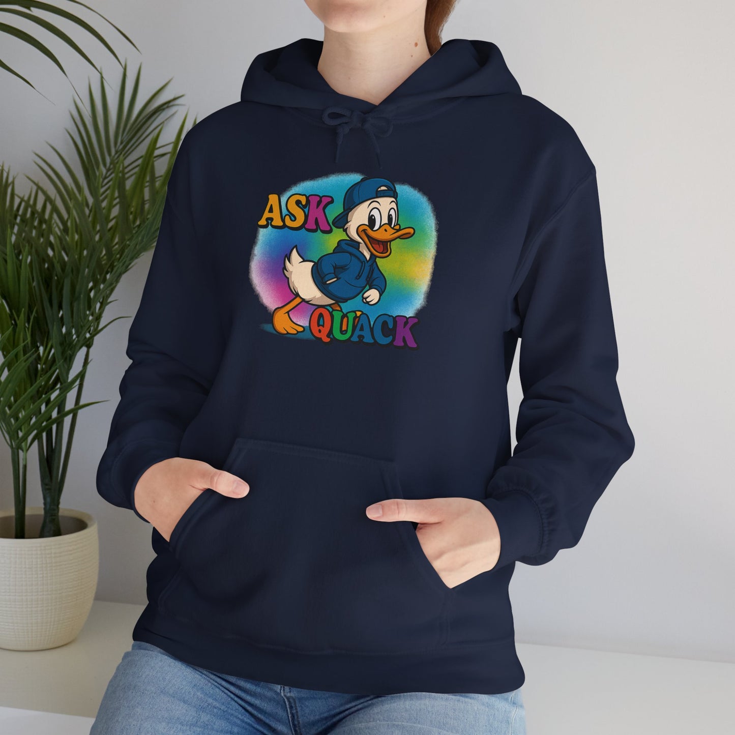 Askquack Male Duck Unisex Hoodie, Quirky Duck Design Sweatshirt, Novelty Animal Jumper, Humorous Duck Apparel, Unique Hooded Top