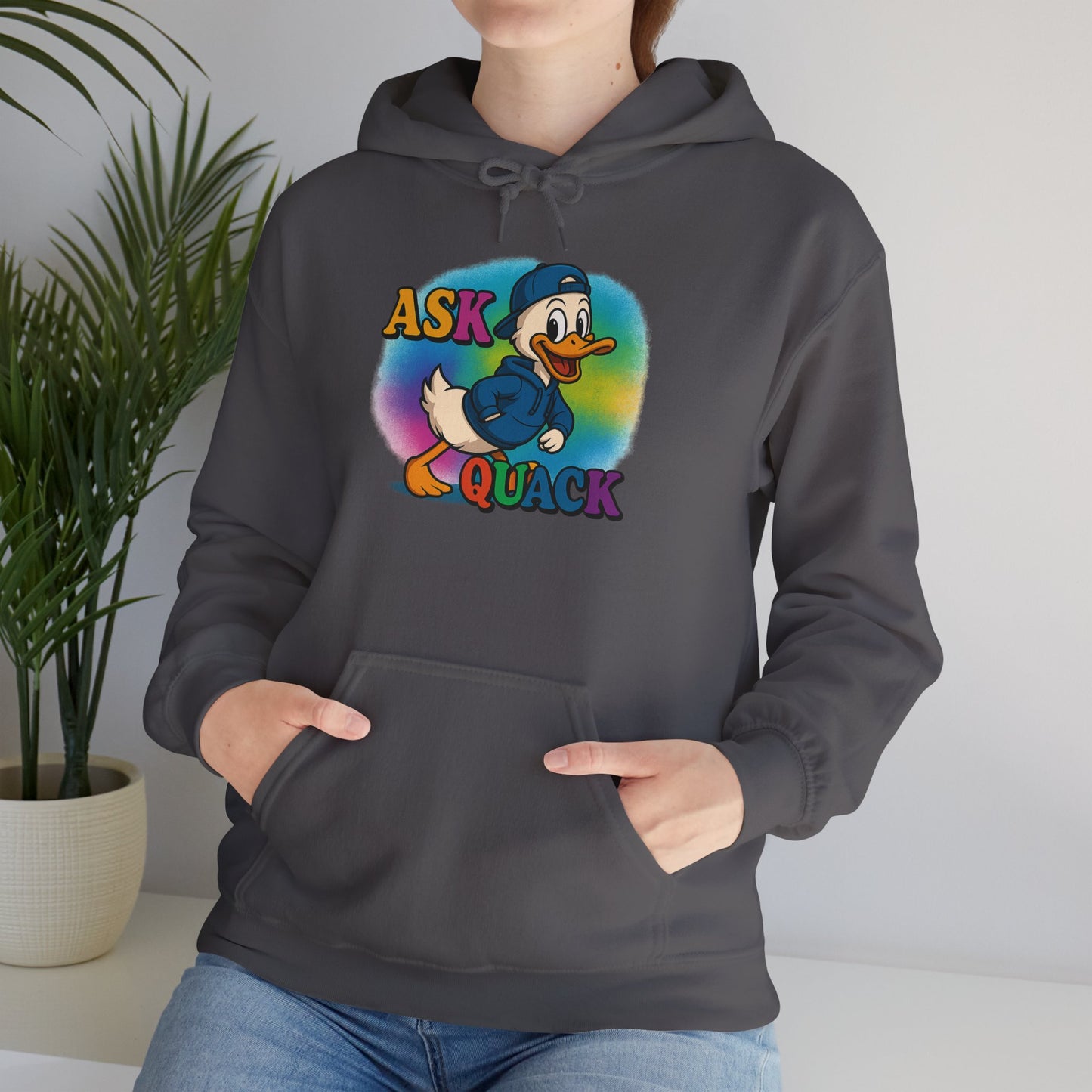 Askquack Male Duck Unisex Hoodie, Quirky Duck Design Sweatshirt, Novelty Animal Jumper, Humorous Duck Apparel, Unique Hooded Top