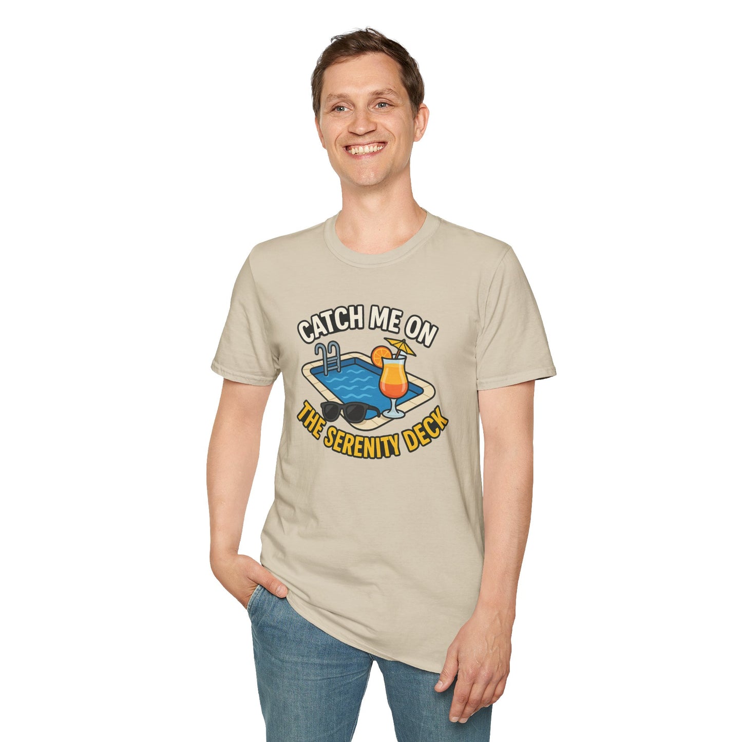 Catch Me on the Serenity Deck Unisex Softstyle T-Shirt, Relaxation Tee, Vacation T-Shirt, Beachwear, Gift for Travel Lovers
