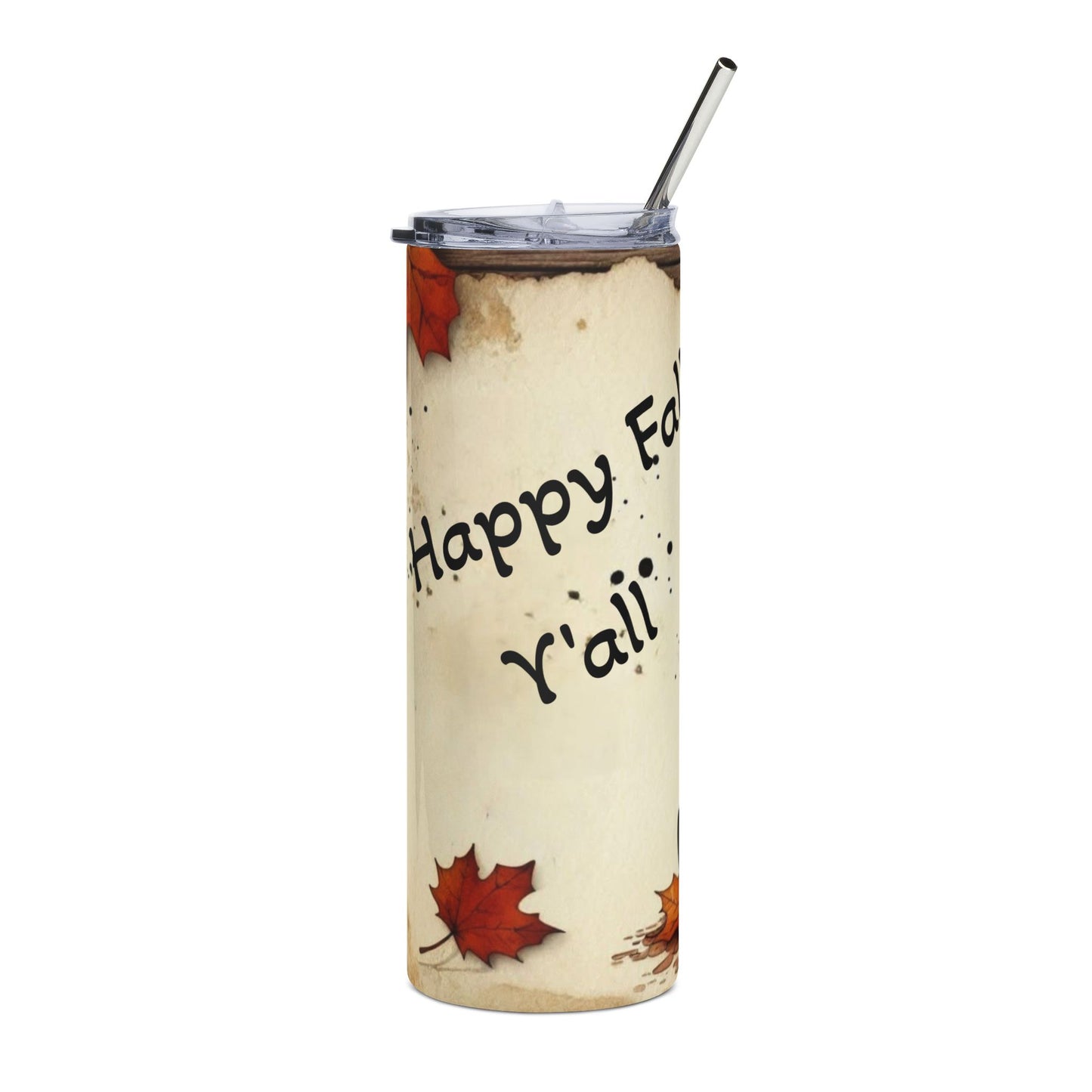 Fall-Themed Stainless Steel Tumbler, 20oz - Happy Fall Y'all Pumpkin and Autumn Leaves Design