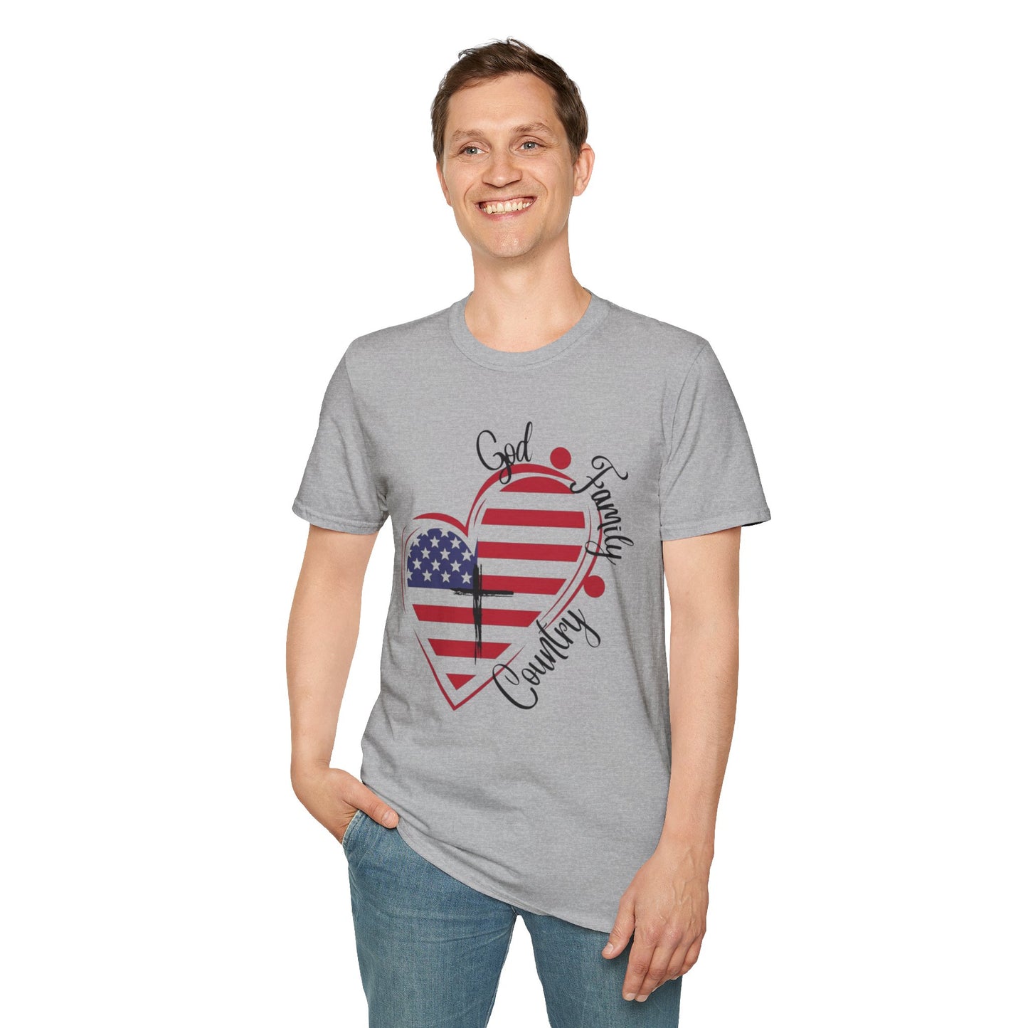 Patriotic Heart T-Shirt — "God Family Country" USA Flag Graphic