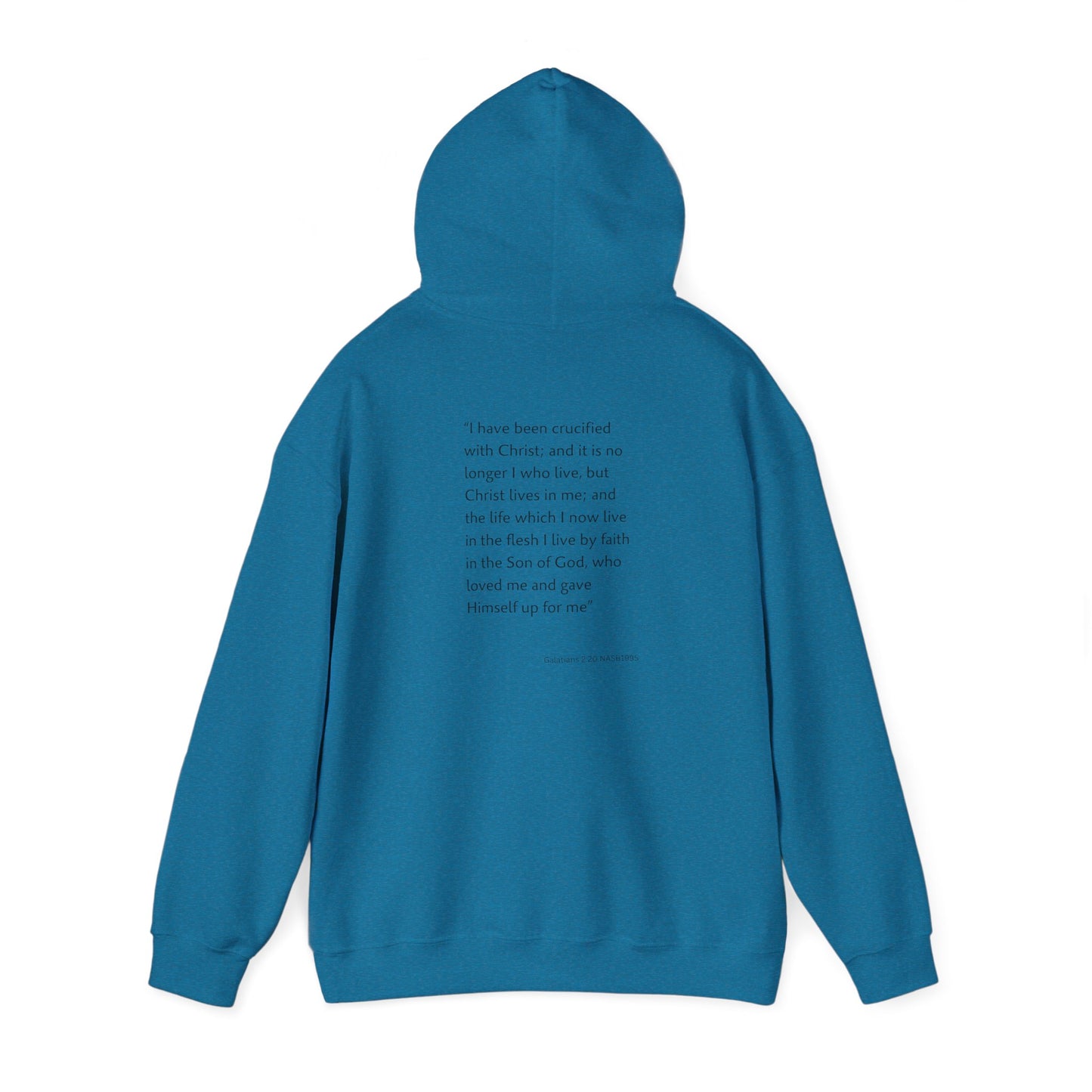 Faith Inspired Christian Cross with Thorns on Front and Galatians 2:20 on back Hooded Sweatshirt
