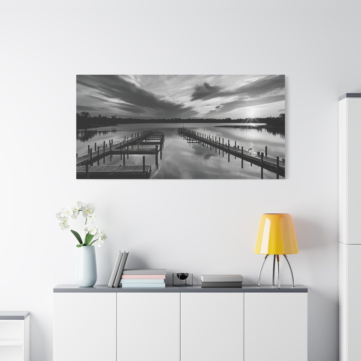 Serene Black and White Landscape Canvas Wall Art. Experience the calming vibe of overlooking the water at the end of the day.