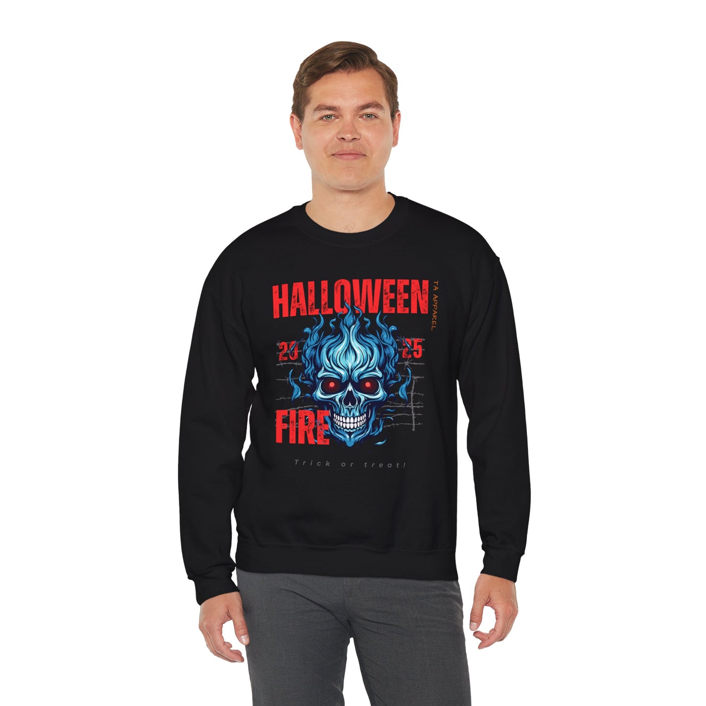 Halloween Fire Skull Sweatshirt, Unisex Crewneck for Fall, Spooky Season Apparel, Gift for Halloween Lovers, Cozy Awareness Top