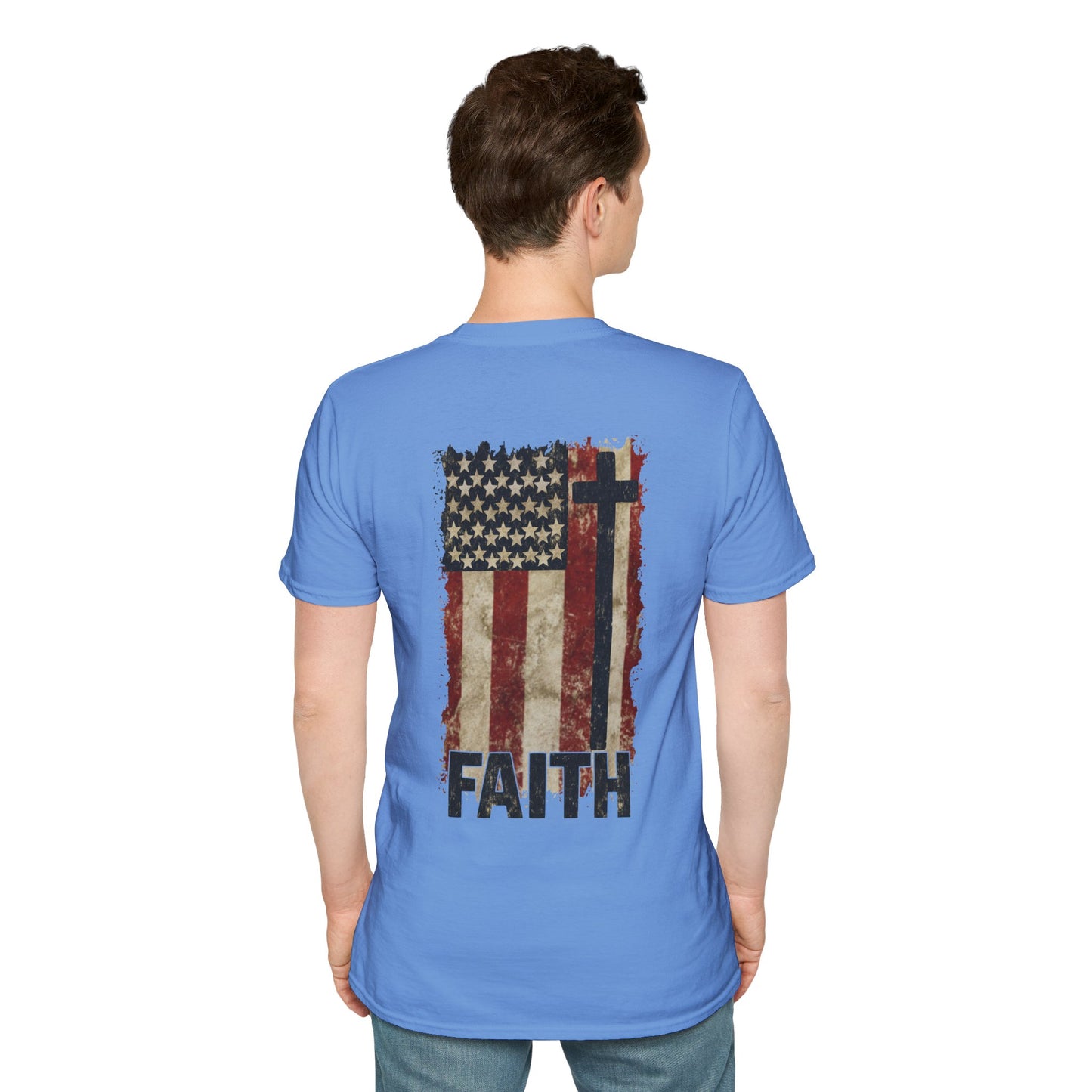 Faith-Inspired Unisex Softstyle T-Shirt, Vintage American Flag Tee, Inspirational Faith Shirt, Christian Apparel, Gifts for Believers