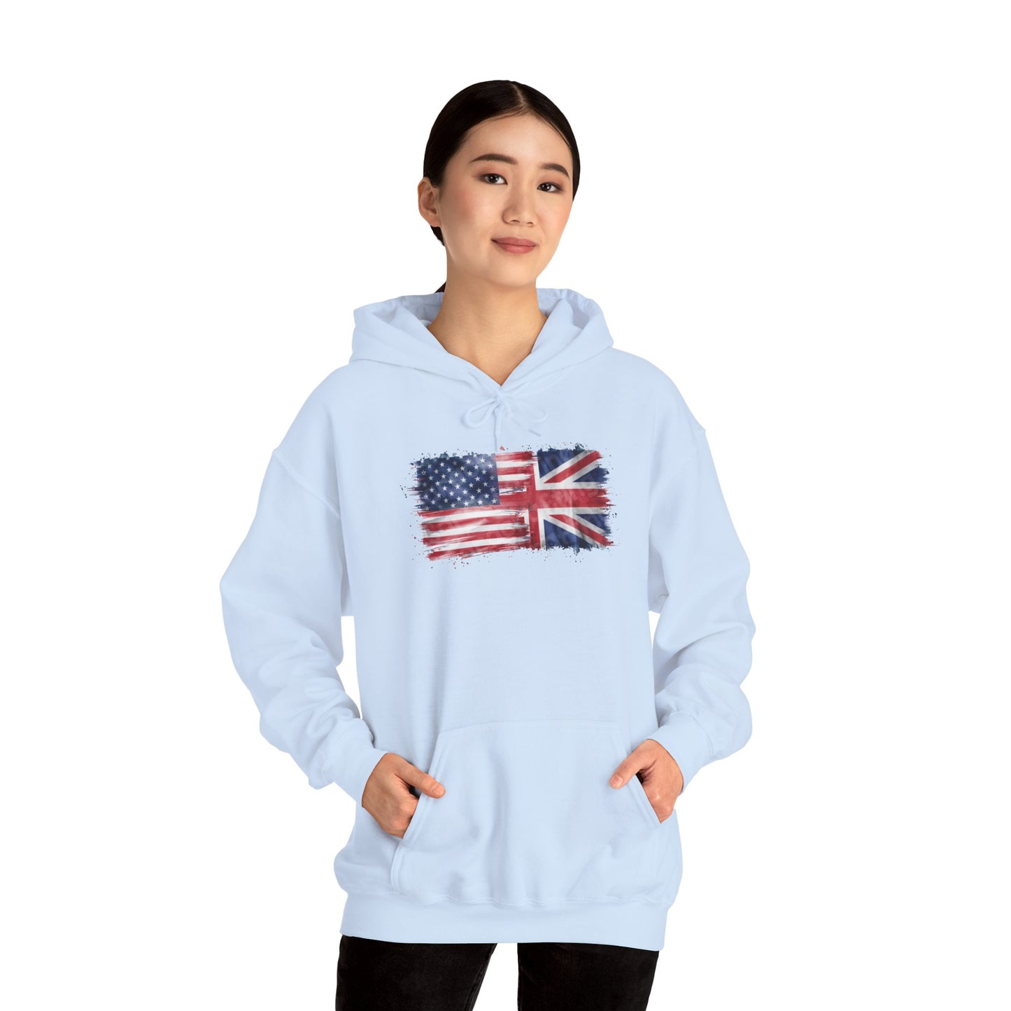 Patriotic Hooded Sweatshirt | Unisex Heavy Blend™ | USA & UK Flag Design | Cozy Gift for Holidays, Reunions, or Casual Wear