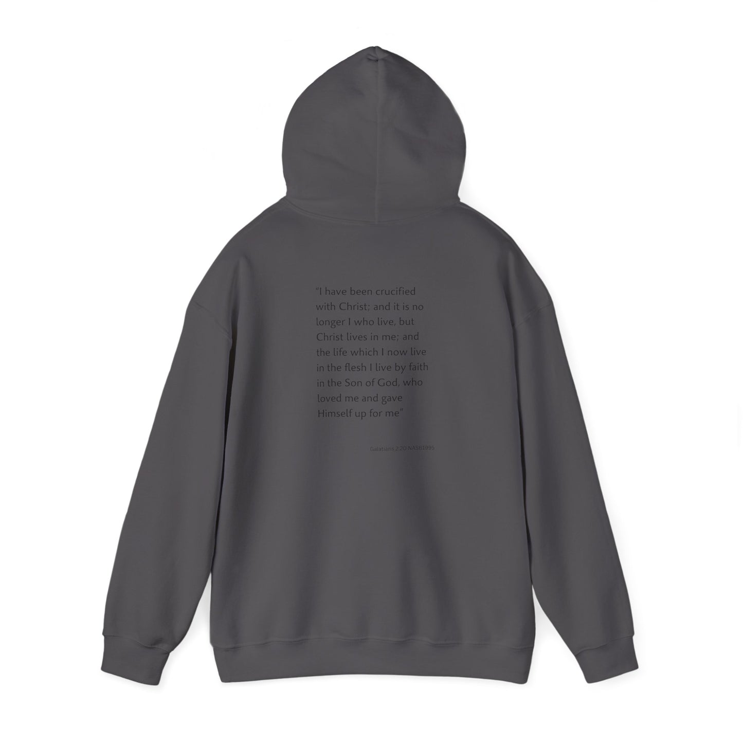 Faith Inspired Christian Cross with Thorns on Front and Galatians 2:20 on back Hooded Sweatshirt