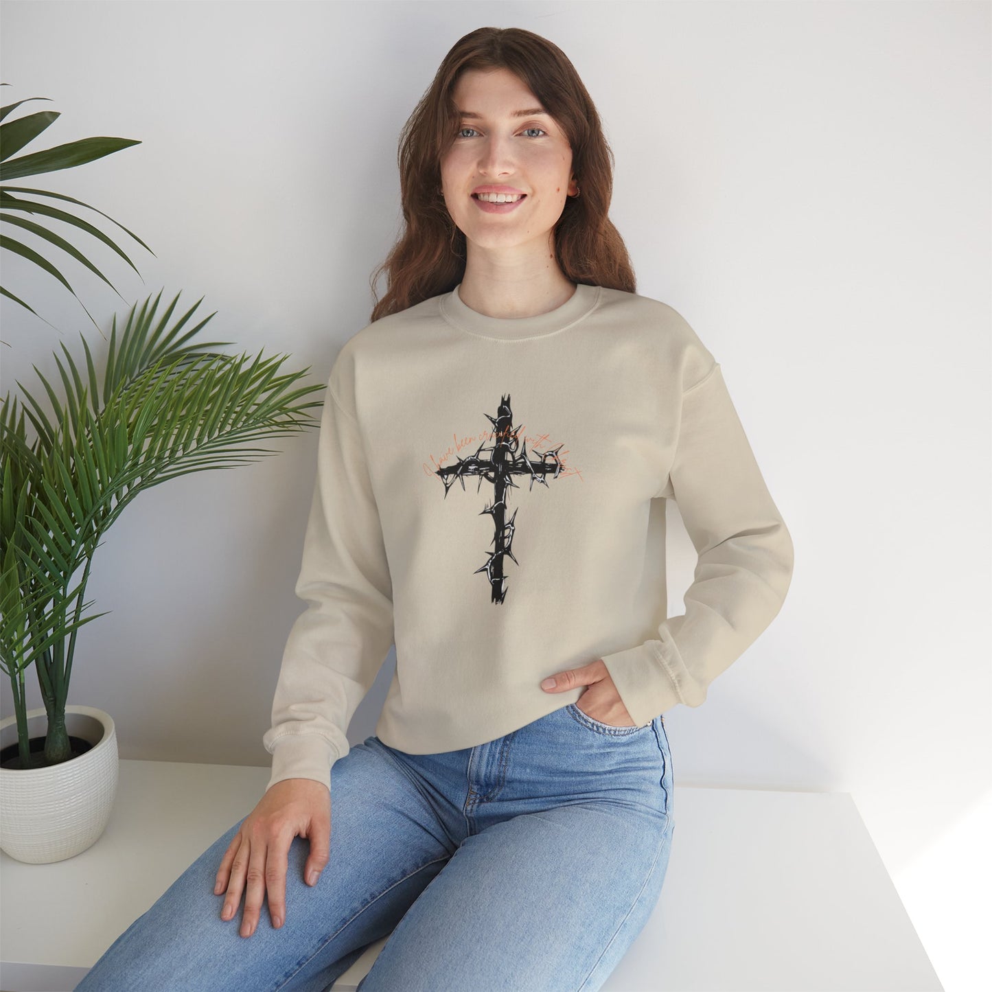 Faith Inspired Crewneck Sweatshirt Barbed Cross Design with Galatians 2:20