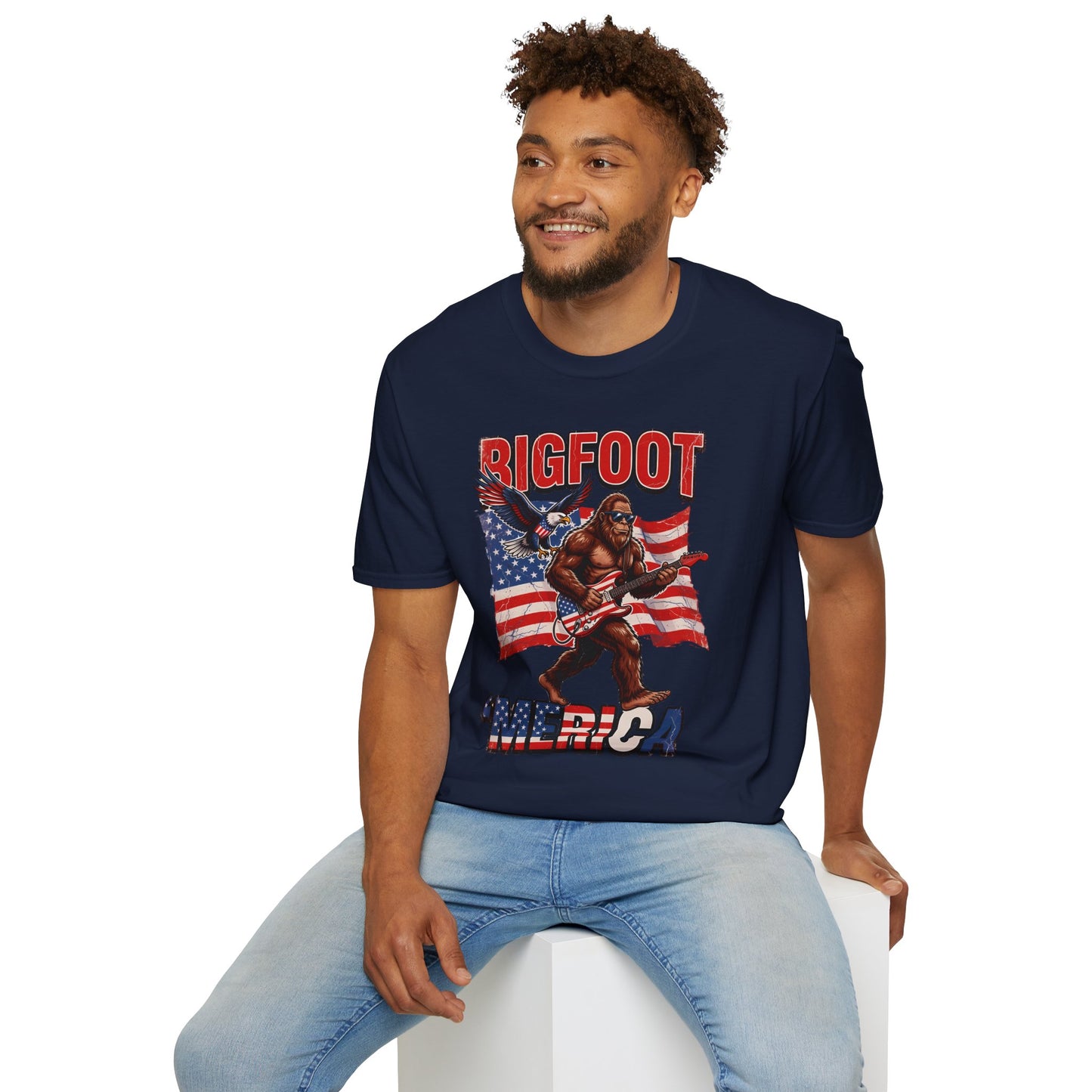 Bigfoot America T-Shirt — Patriotic Bigfoot Playing Guitar Graphic Tee