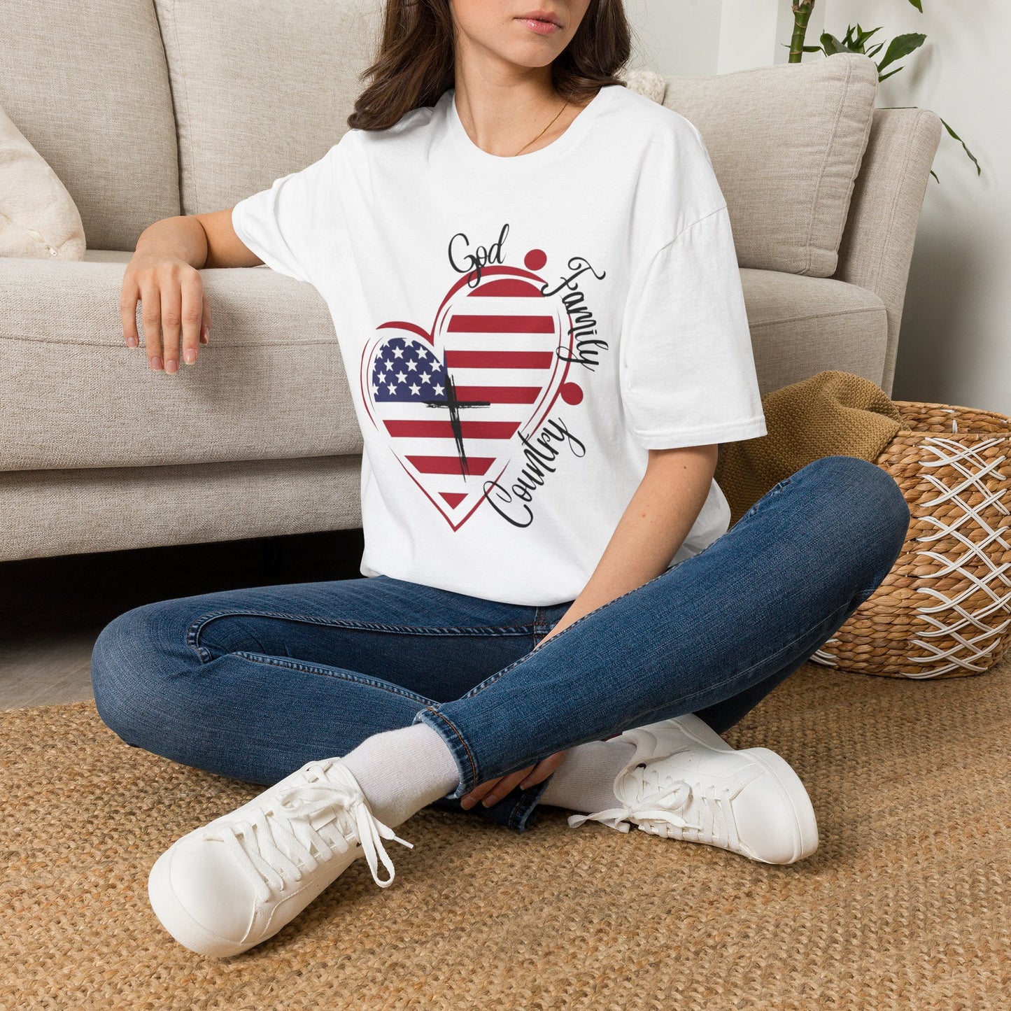 Patriotic Heart T-Shirt — "God Family Country" USA Flag Graphic