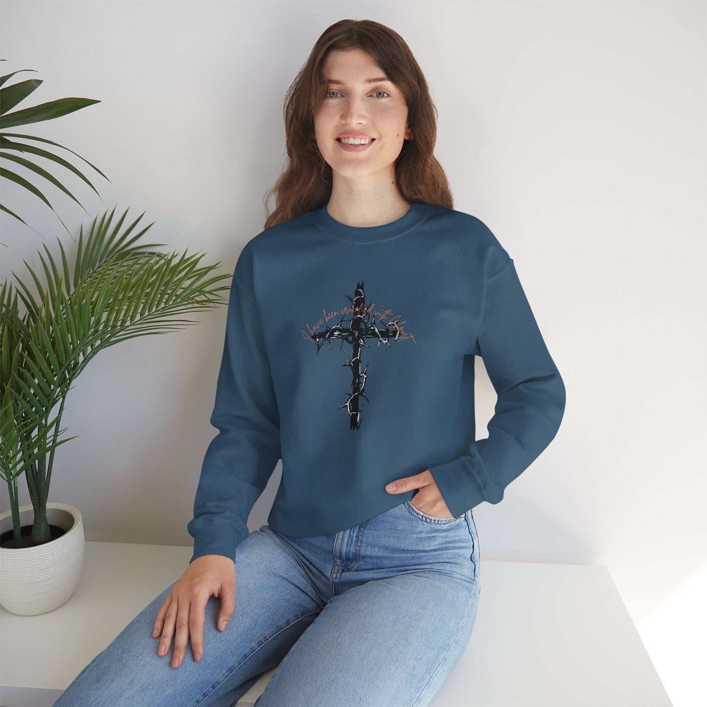 Faith Inspired Crewneck Sweatshirt Barbed Cross Design with Galatians 2:20