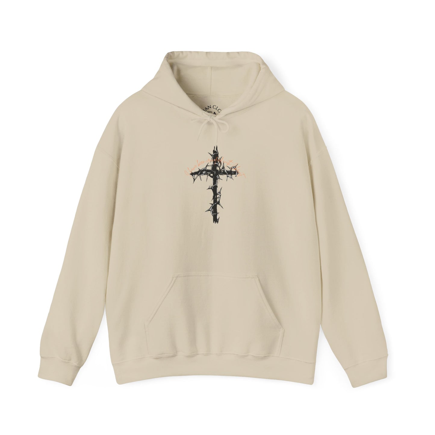 Faith Inspired Christian Cross with Thorns on Front and Galatians 2:20 on back Hooded Sweatshirt
