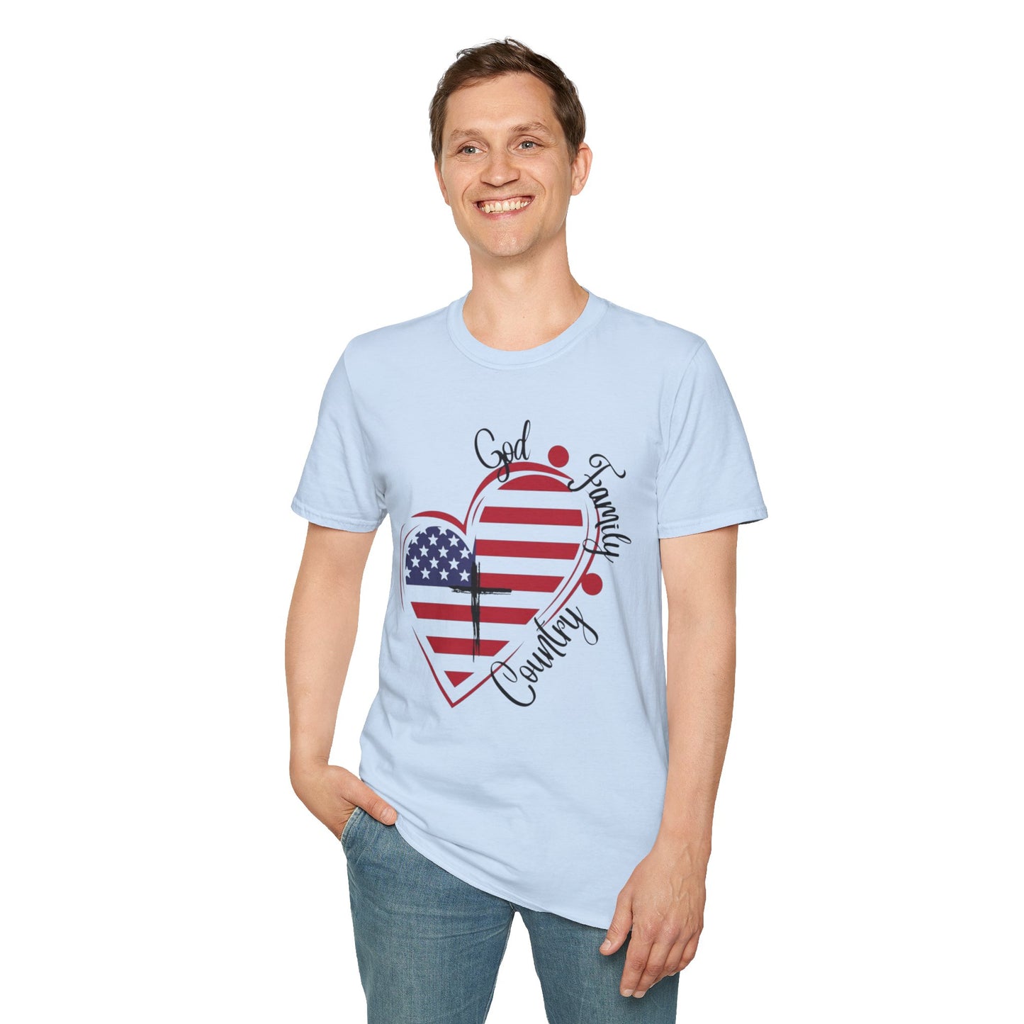 Patriotic Heart T-Shirt — "God Family Country" USA Flag Graphic
