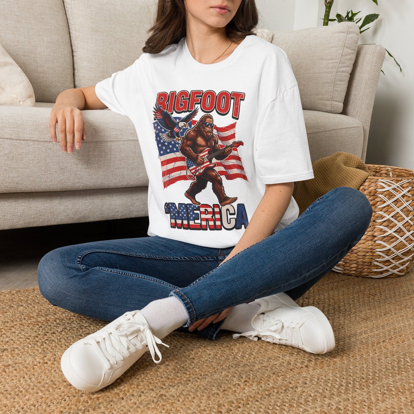 Bigfoot America T-Shirt — Patriotic Bigfoot Playing Guitar Graphic Tee