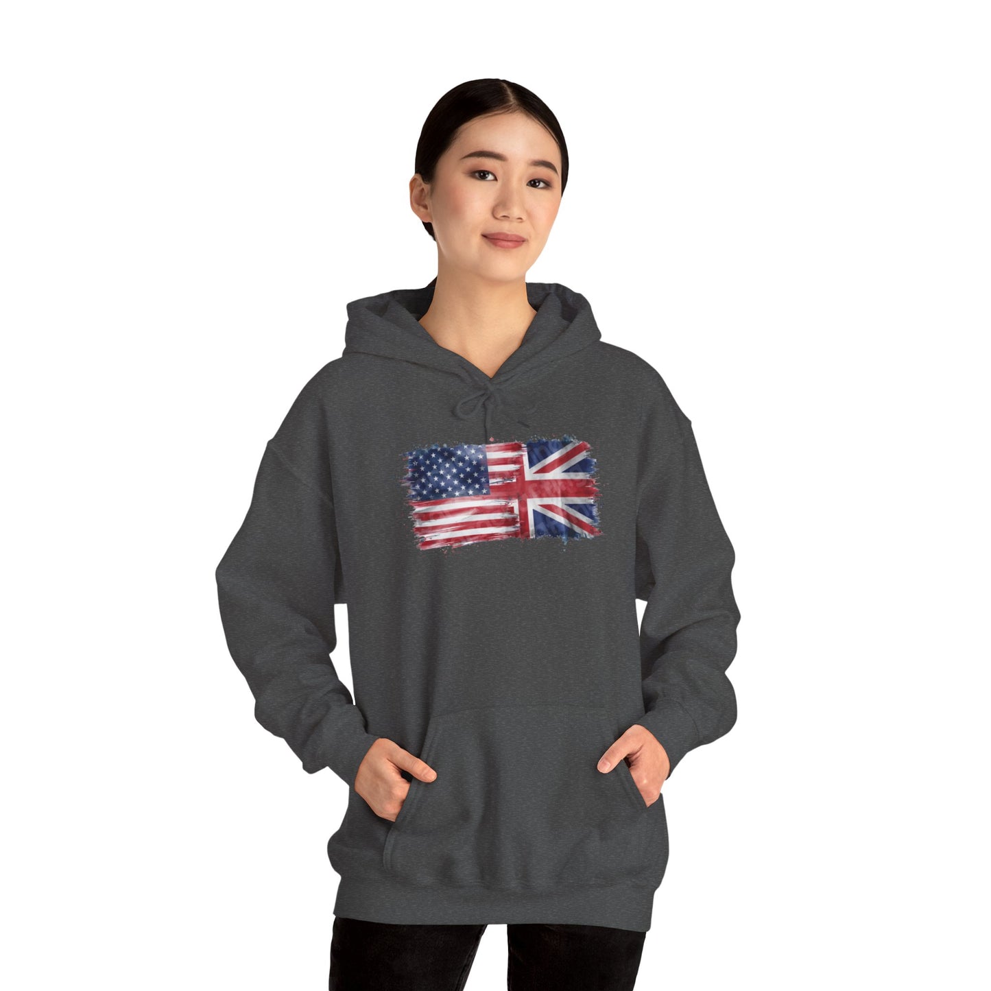 Patriotic Hooded Sweatshirt | Unisex Heavy Blend™ | USA & UK Flag Design | Cozy Gift for Holidays, Reunions, or Casual Wear