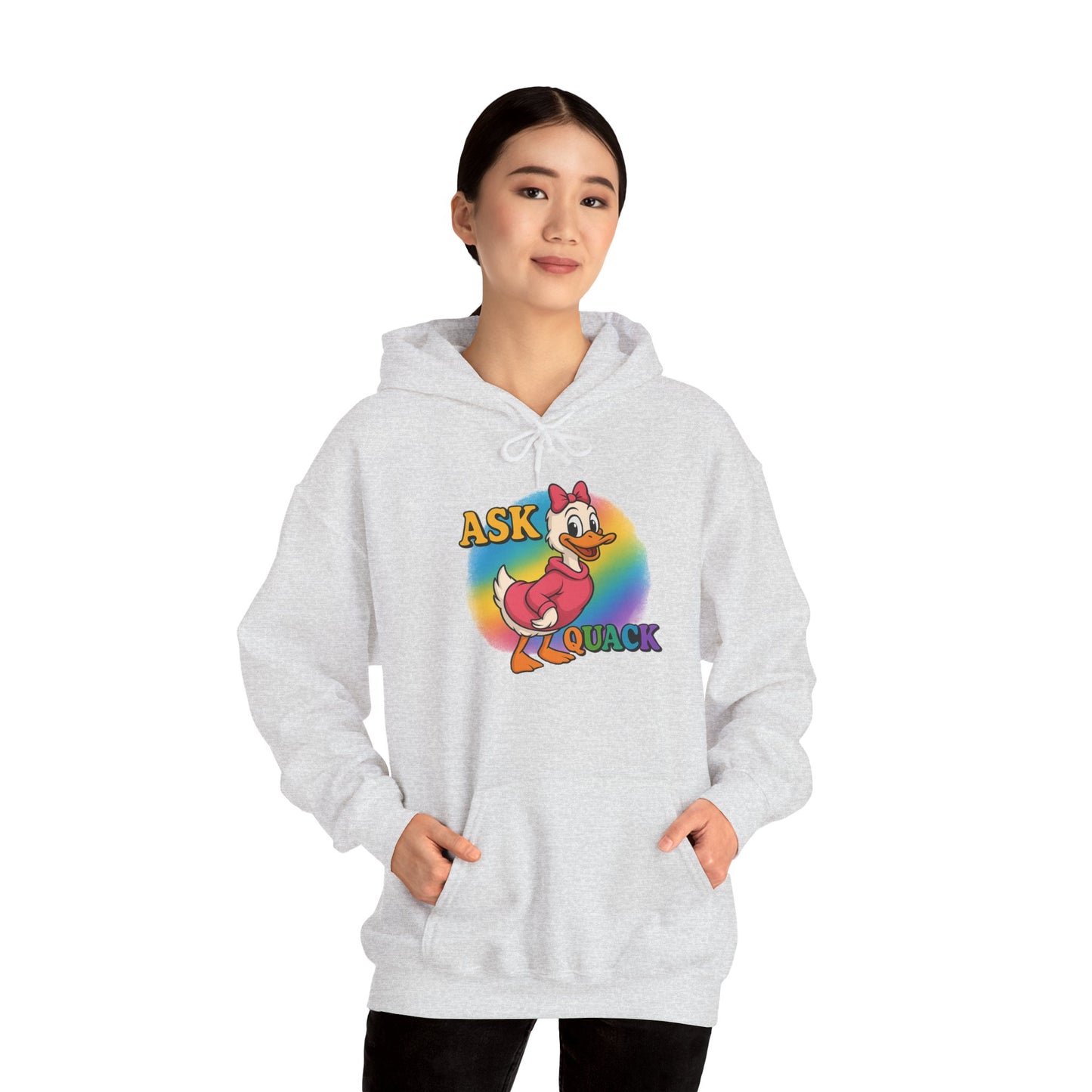 Askquack Female Duck Unisex Hoodie, Quirky Duck Design Sweatshirt, Novelty Animal Jumper, Humorous Duck Apparel, Unique Hooded Top
