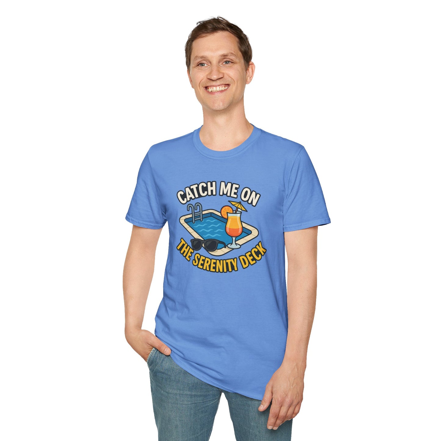 Catch Me on the Serenity Deck Unisex Softstyle T-Shirt, Relaxation Tee, Vacation T-Shirt, Beachwear, Gift for Travel Lovers