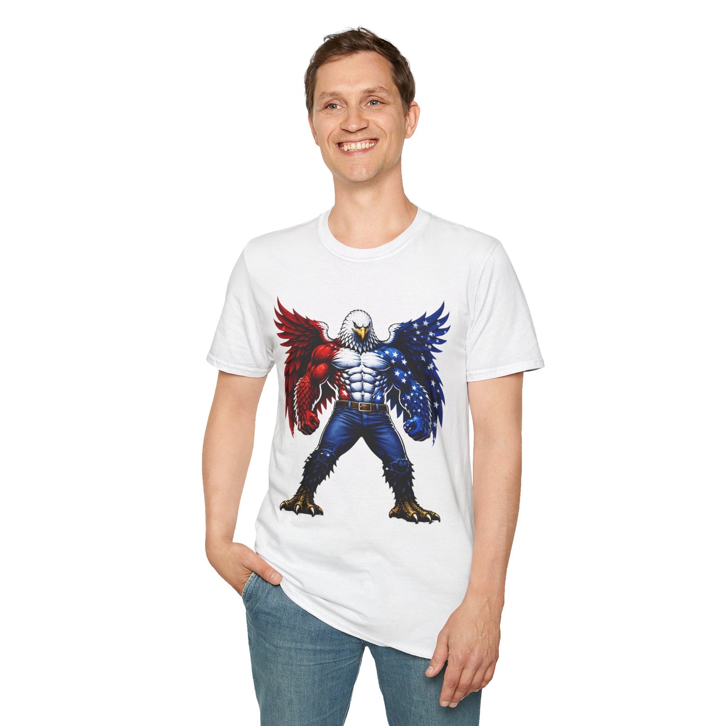 Birdmanzilla Patriotic Muscular Eagle T-Shirt | Red White Blue Winged Eagle Graphic