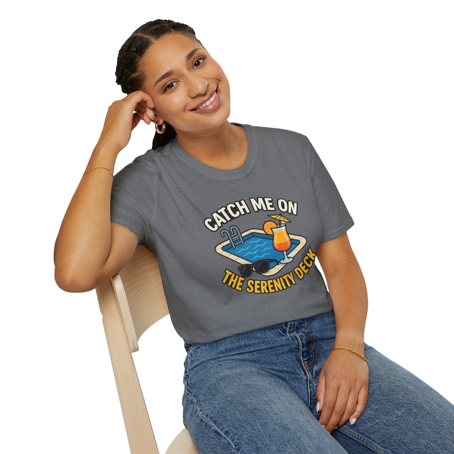 Catch Me on the Serenity Deck Unisex Softstyle T-Shirt, Relaxation Tee, Vacation T-Shirt, Beachwear, Gift for Travel Lovers