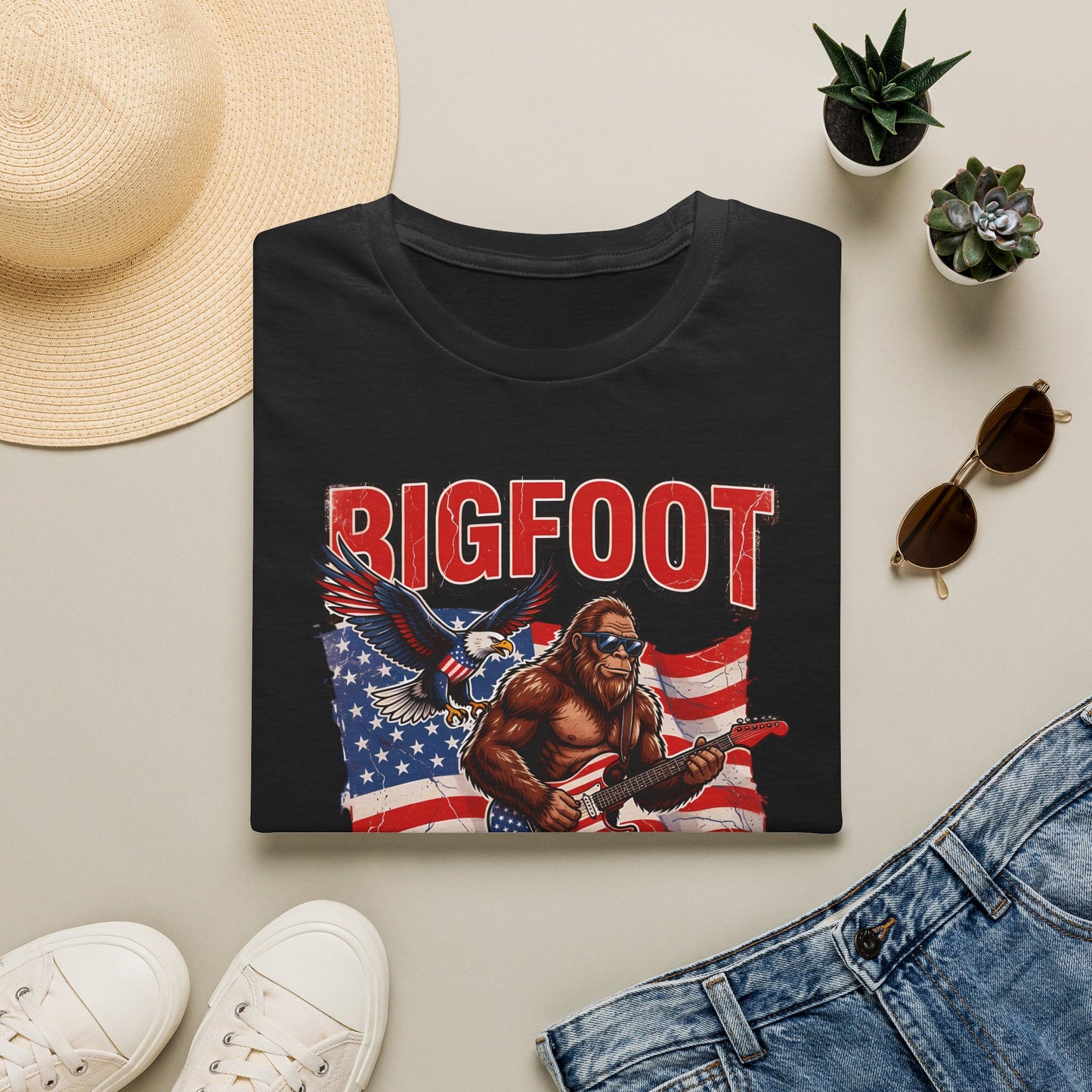 Bigfoot America T-Shirt — Patriotic Bigfoot Playing Guitar Graphic Tee