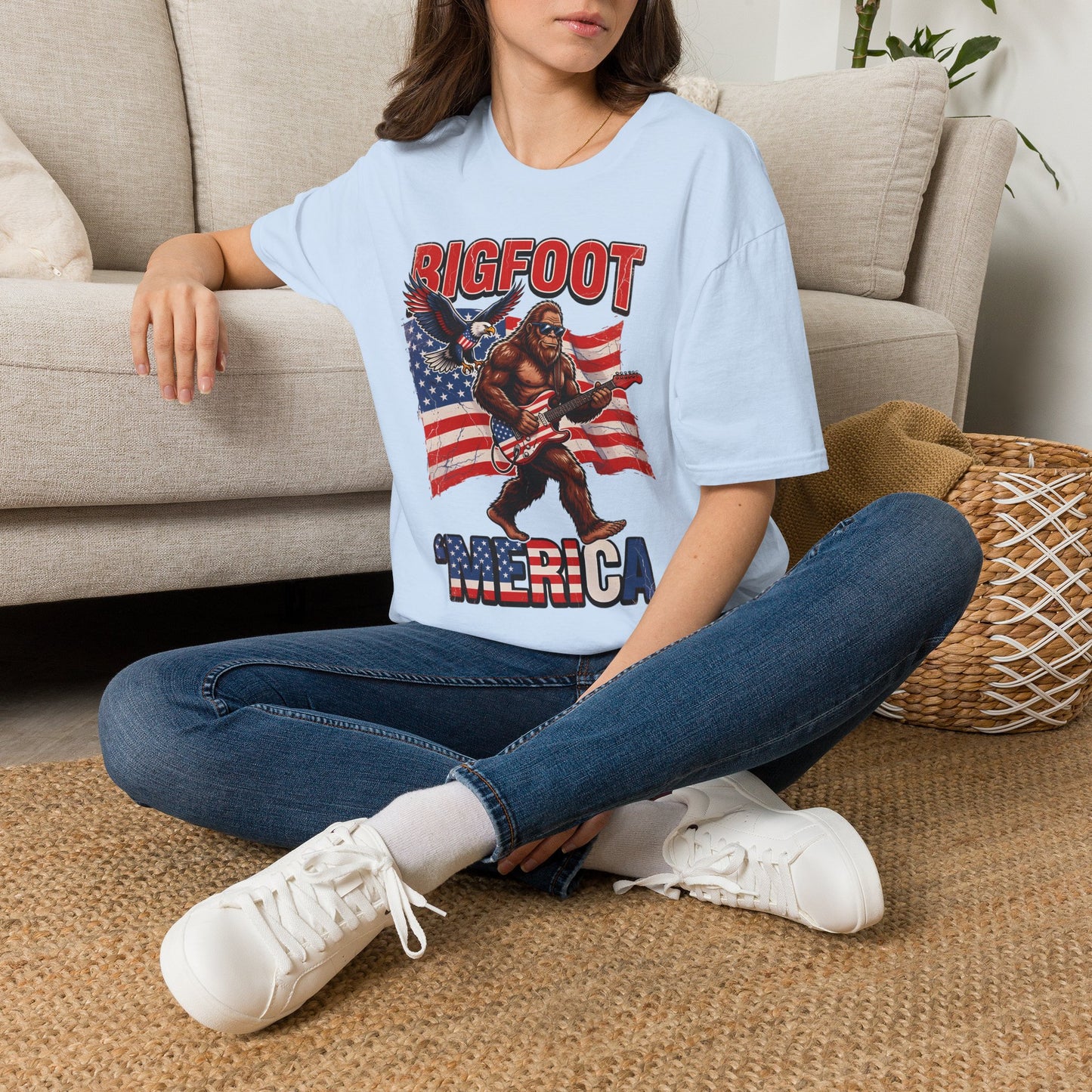 Bigfoot America T-Shirt — Patriotic Bigfoot Playing Guitar Graphic Tee