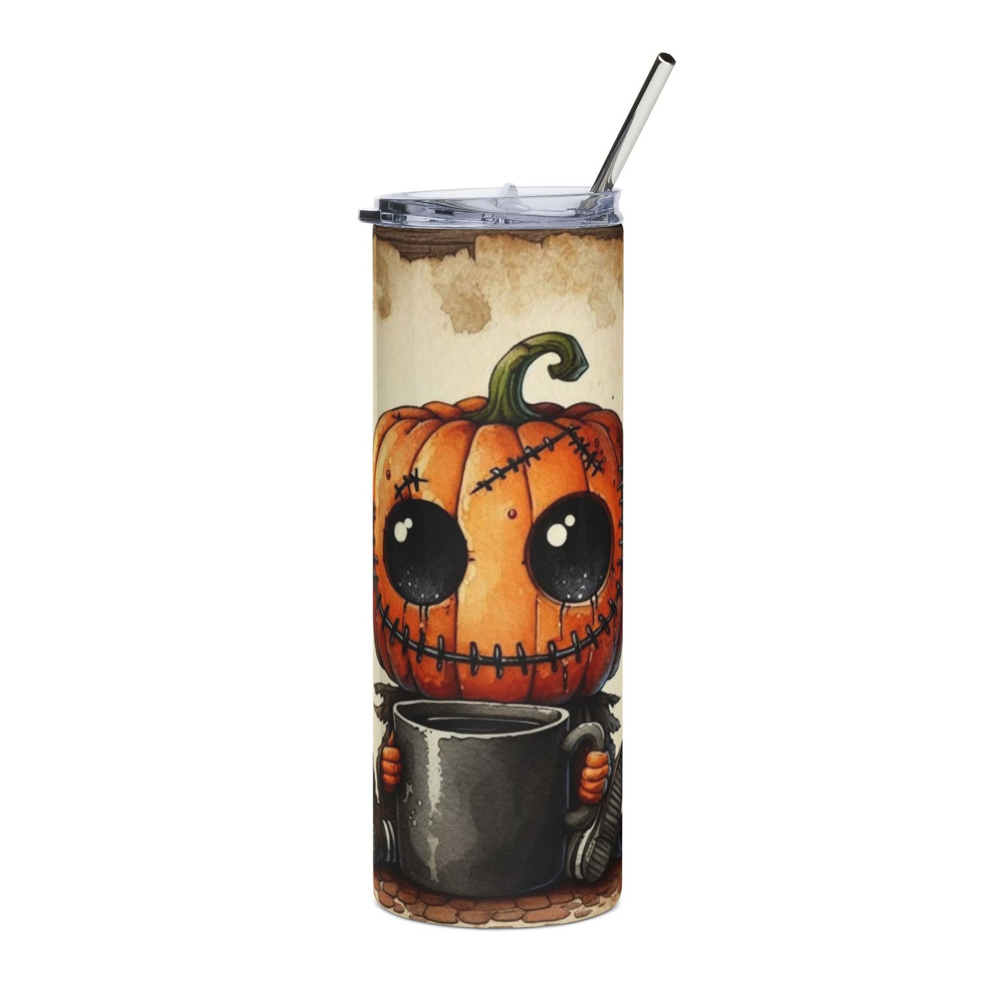 Fall-Themed Stainless Steel Tumbler, 20oz - Happy Fall Y'all Pumpkin and Autumn Leaves Design