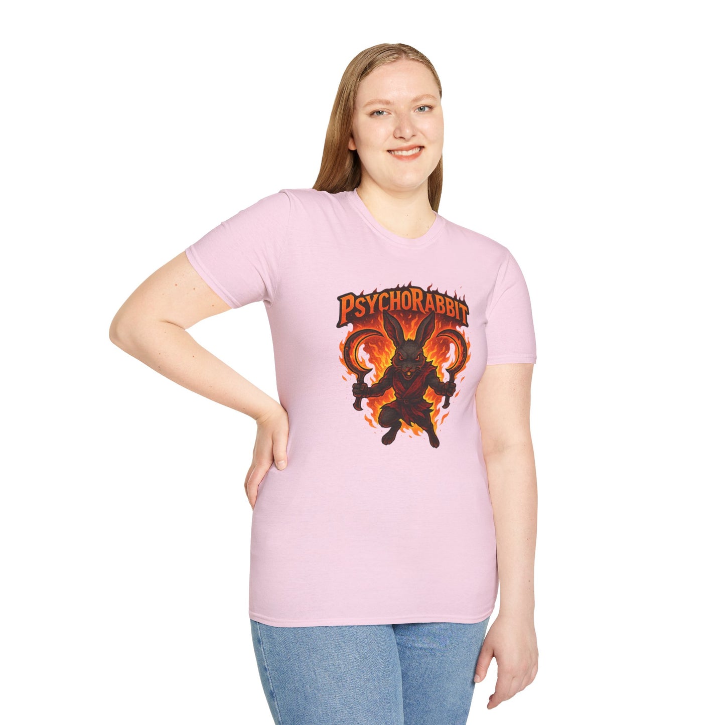 Psychorabbit Graphic Tee | Unisex Softstyle T-Shirt for Anime Fans and Gamers