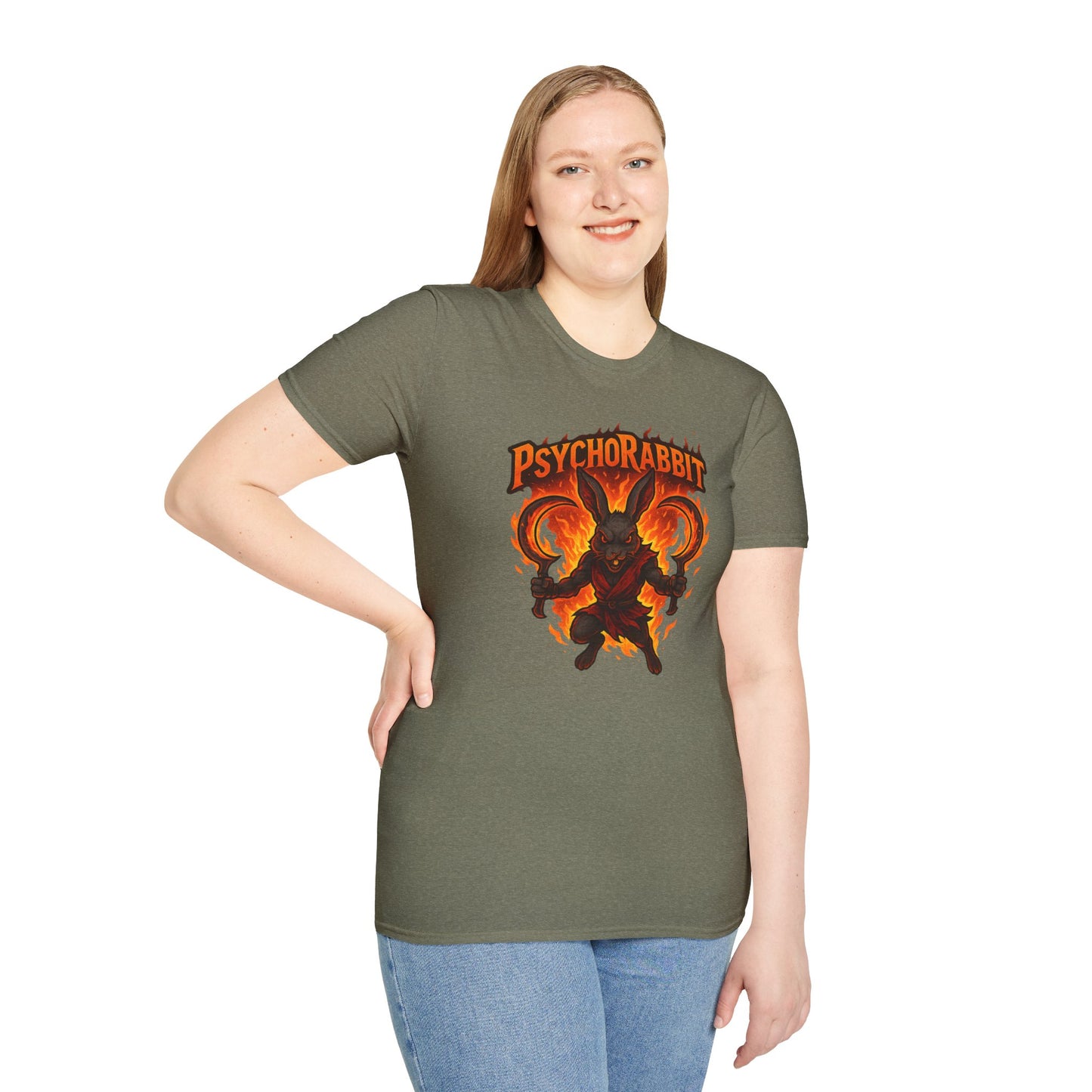 Psychorabbit Graphic Tee | Unisex Softstyle T-Shirt for Anime Fans and Gamers