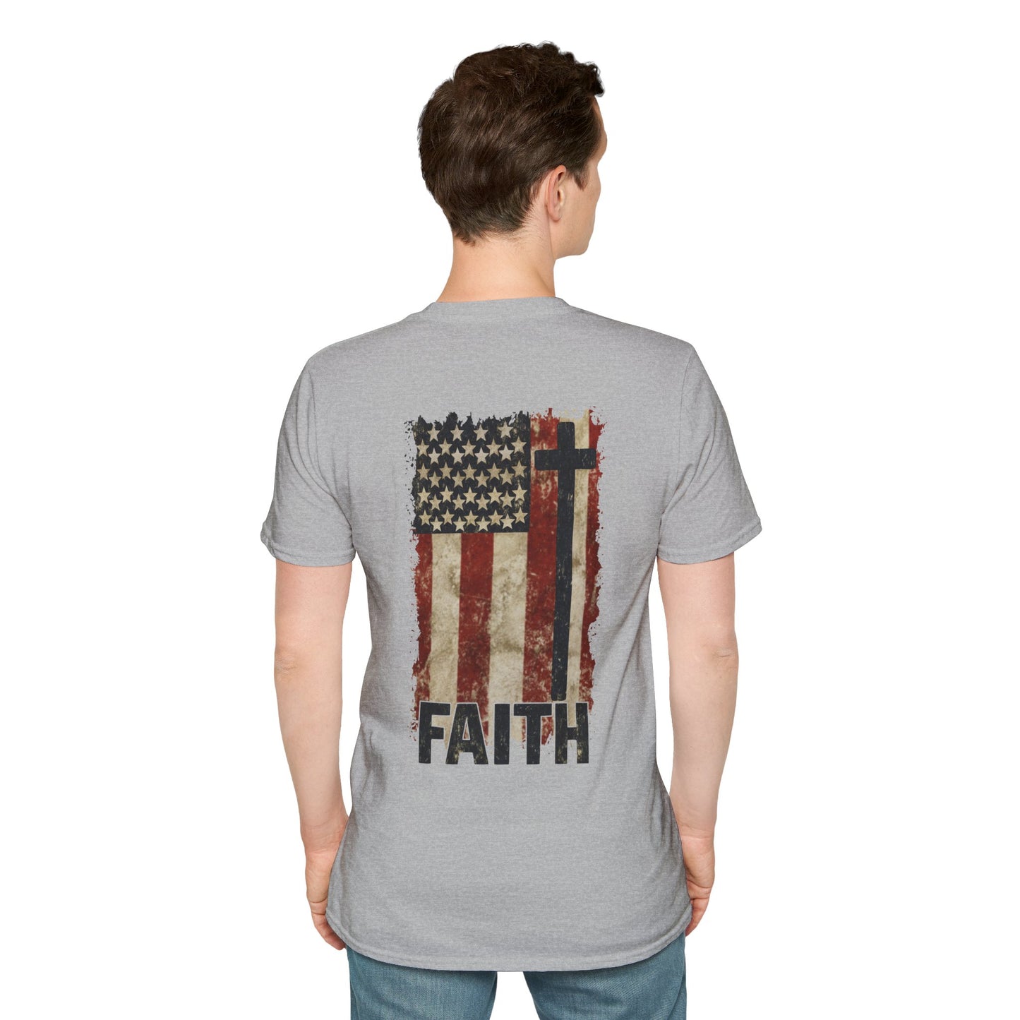 Faith-Inspired Unisex Softstyle T-Shirt, Vintage American Flag Tee, Inspirational Faith Shirt, Christian Apparel, Gifts for Believers